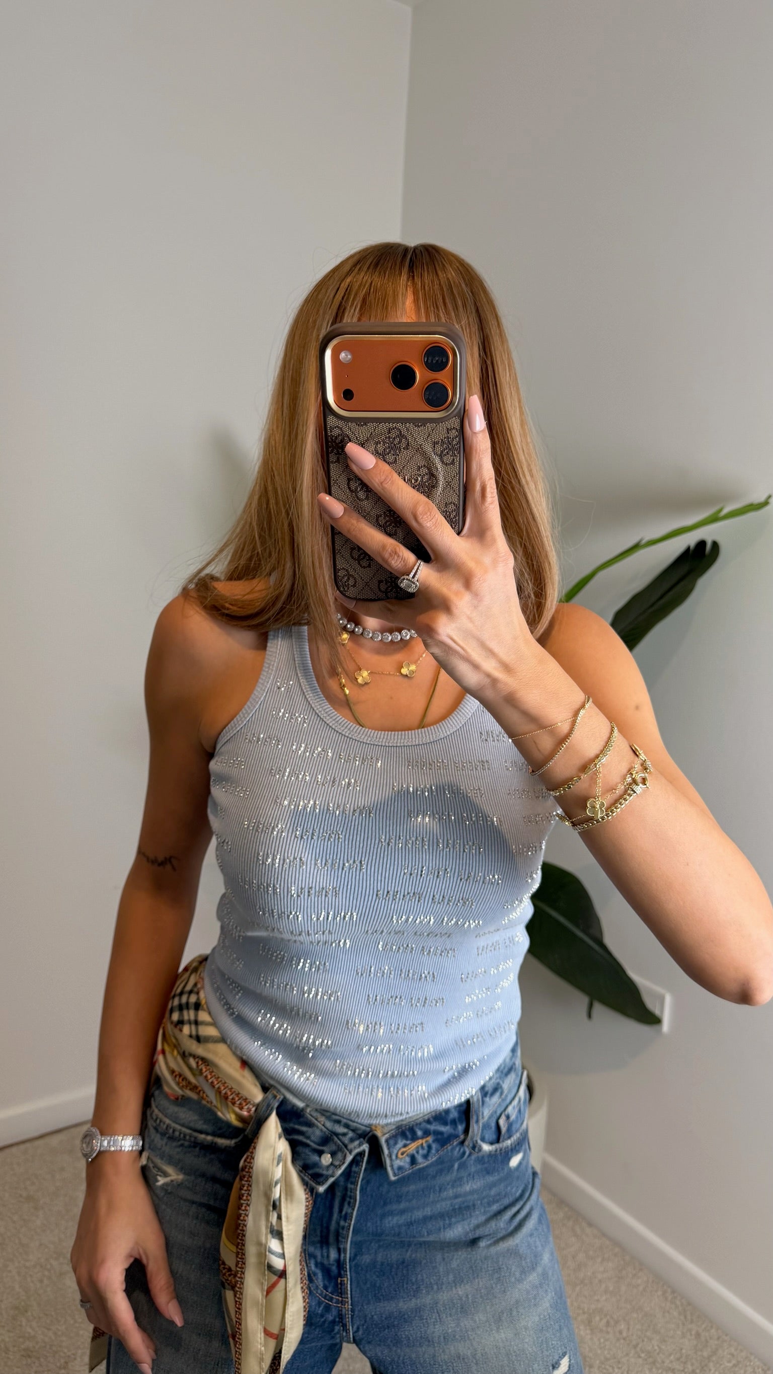 Yazılı Taş Detaylı Askılı Tişört Mavi