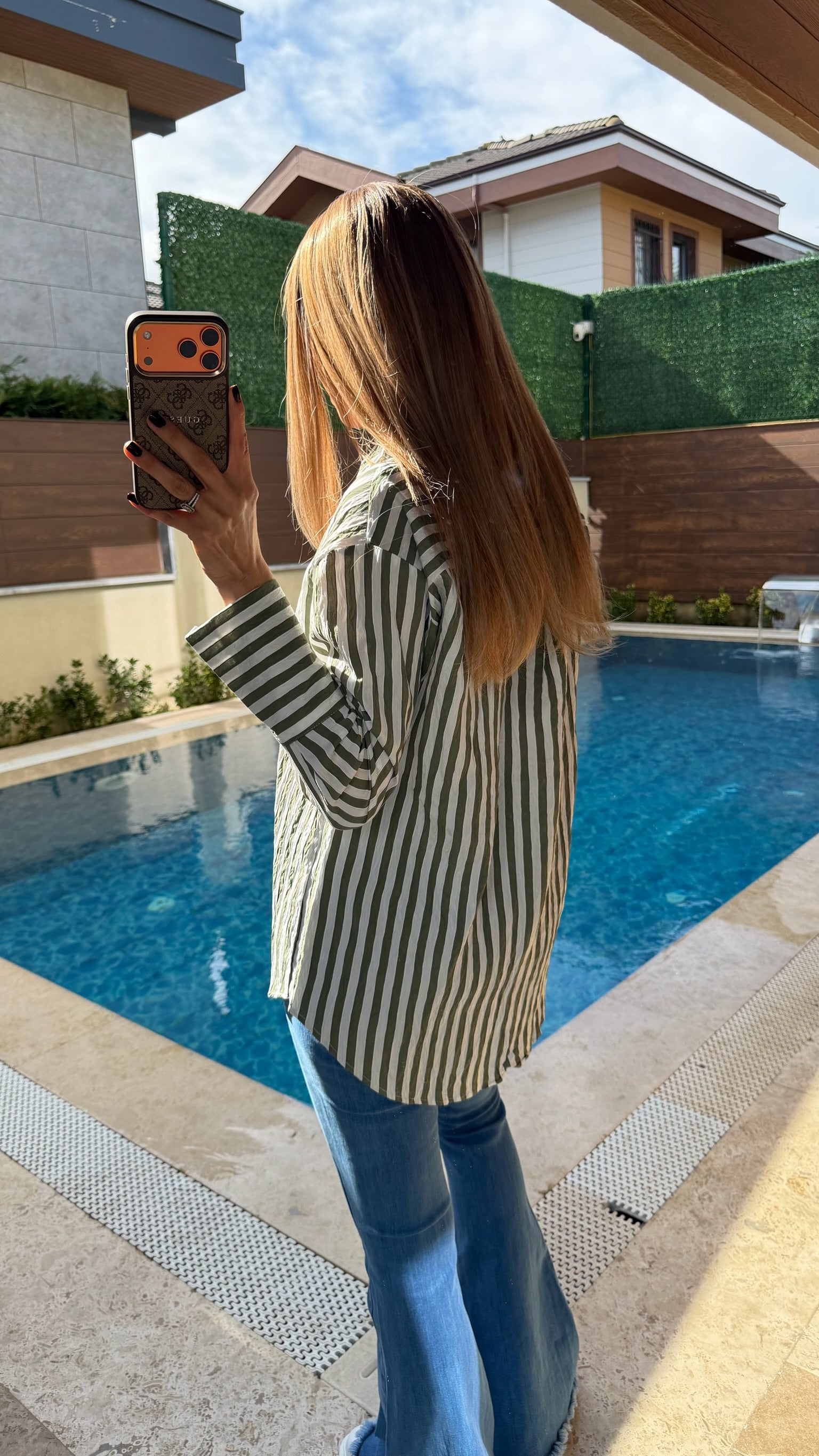 Kalın Çizgili Uzun Kol Gömlek Yeşil