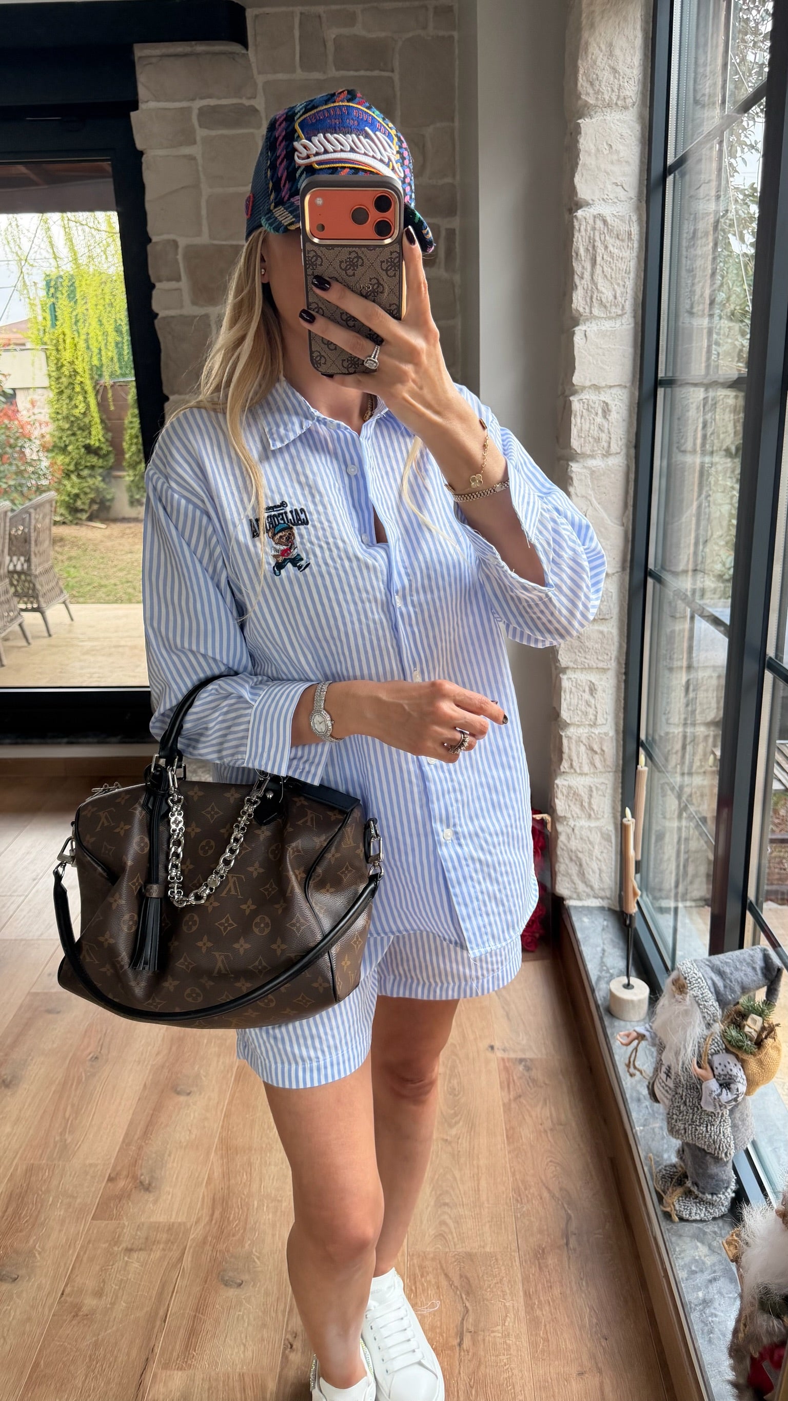 Çizgili Gömlek Şort Takım Mavi