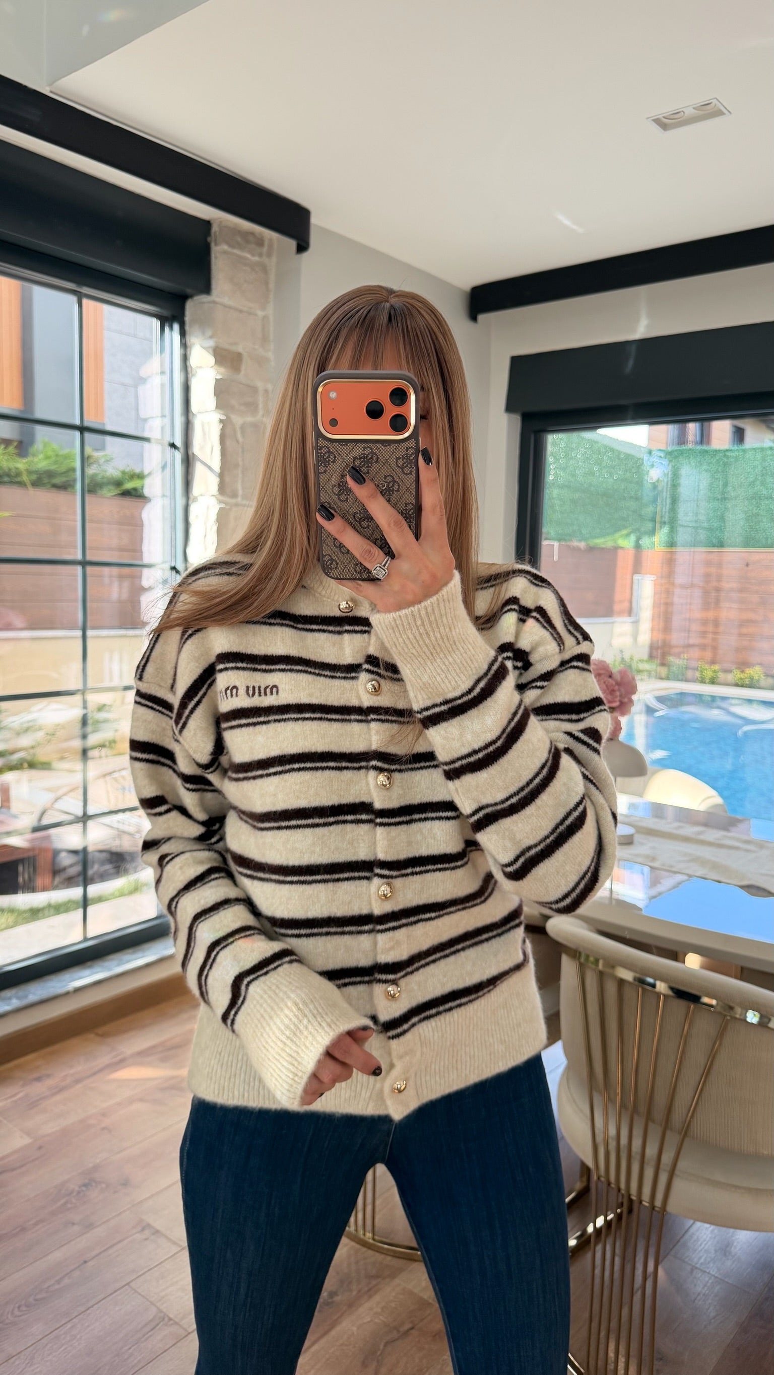 MM Yumoş Gold Düğmeli Şeritli Hırka Ekru