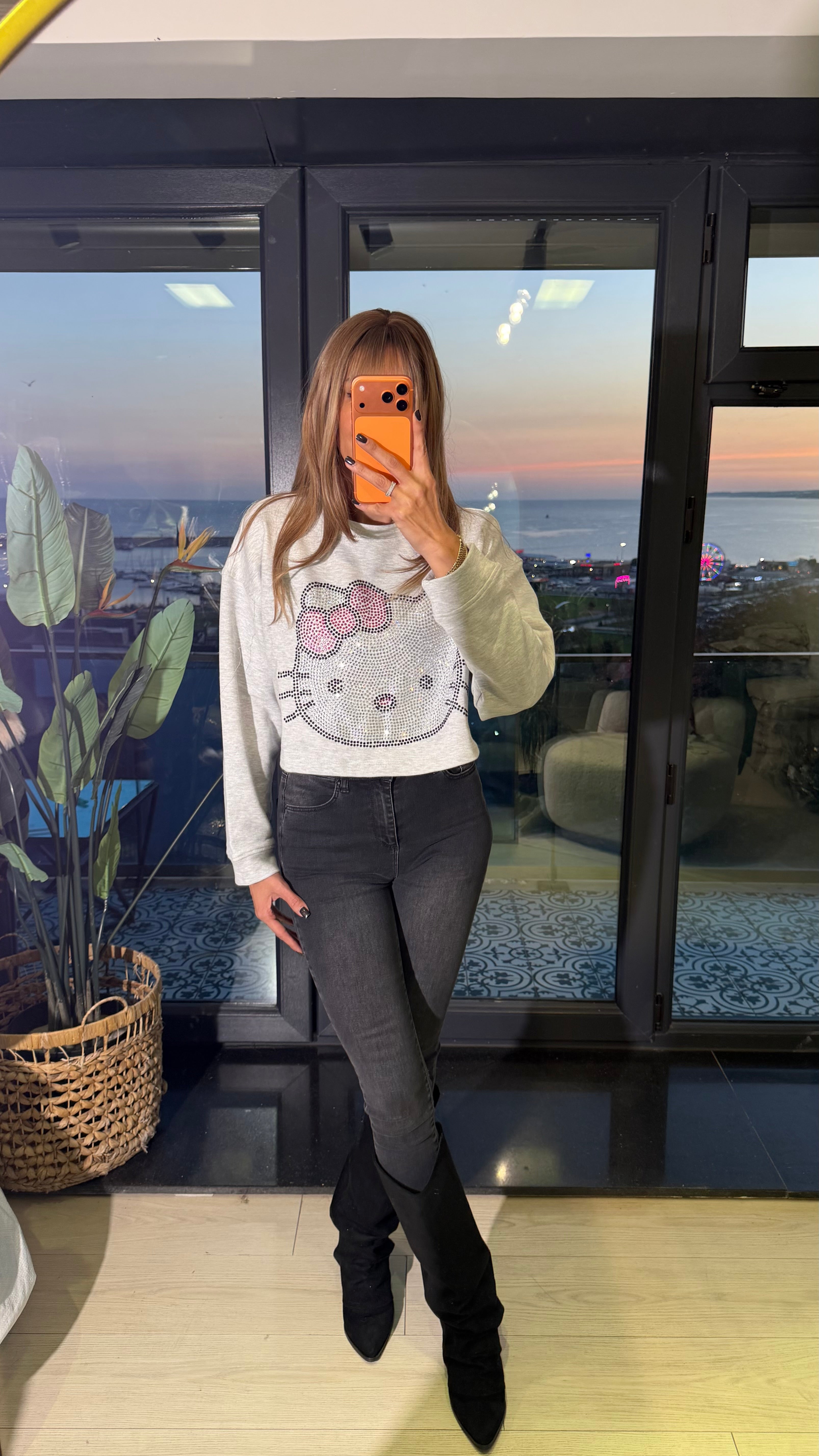 Gri Hello Kitty Taş Detaylı Sweatshirt
