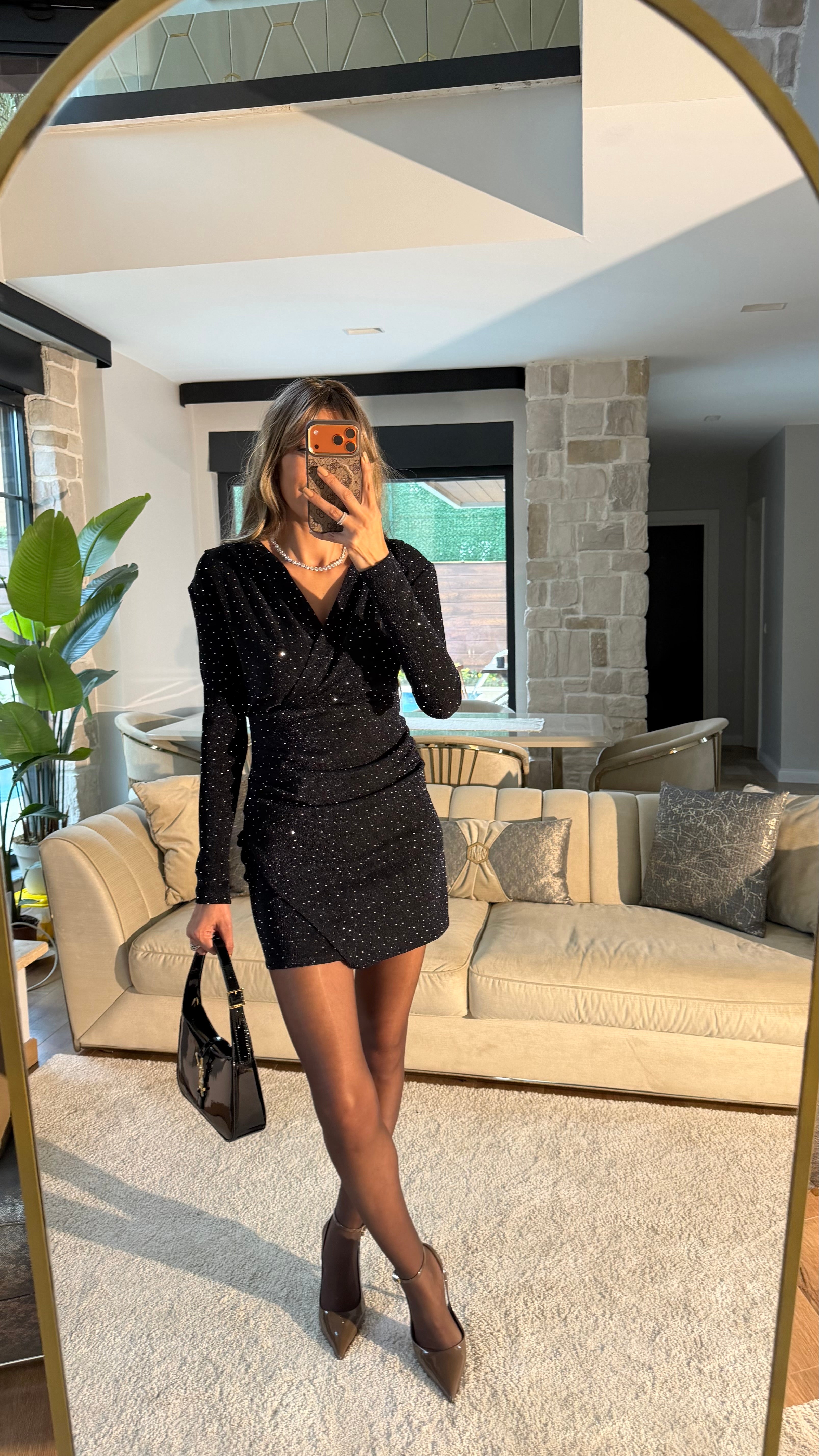 Kruvaze Vatkalı Taşlı Elbise Koyu Lacivert