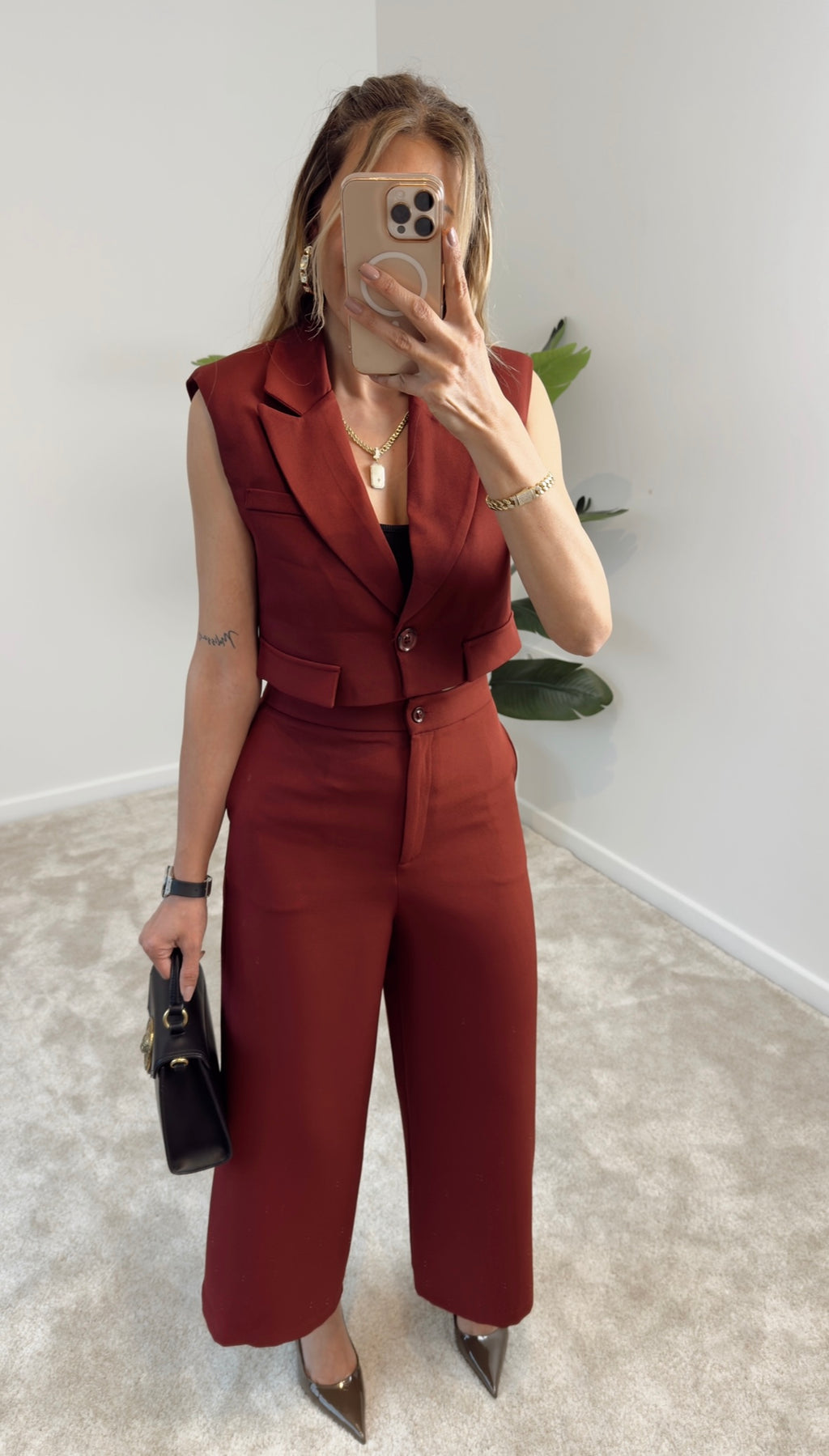 Hery Crop Ceket Pantolon Takım Bordo