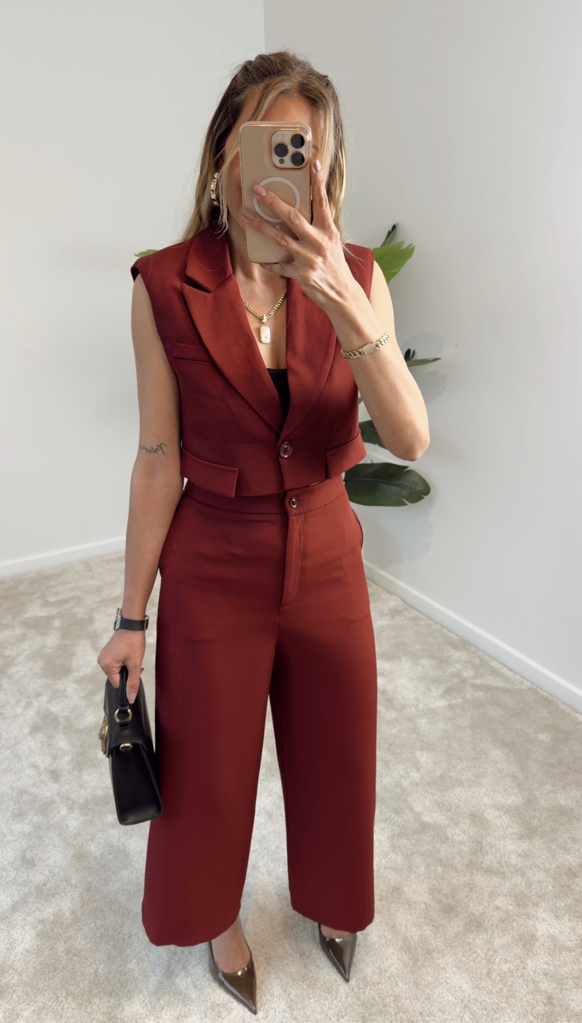 Hery Crop Ceket Pantolon Takım Bordo