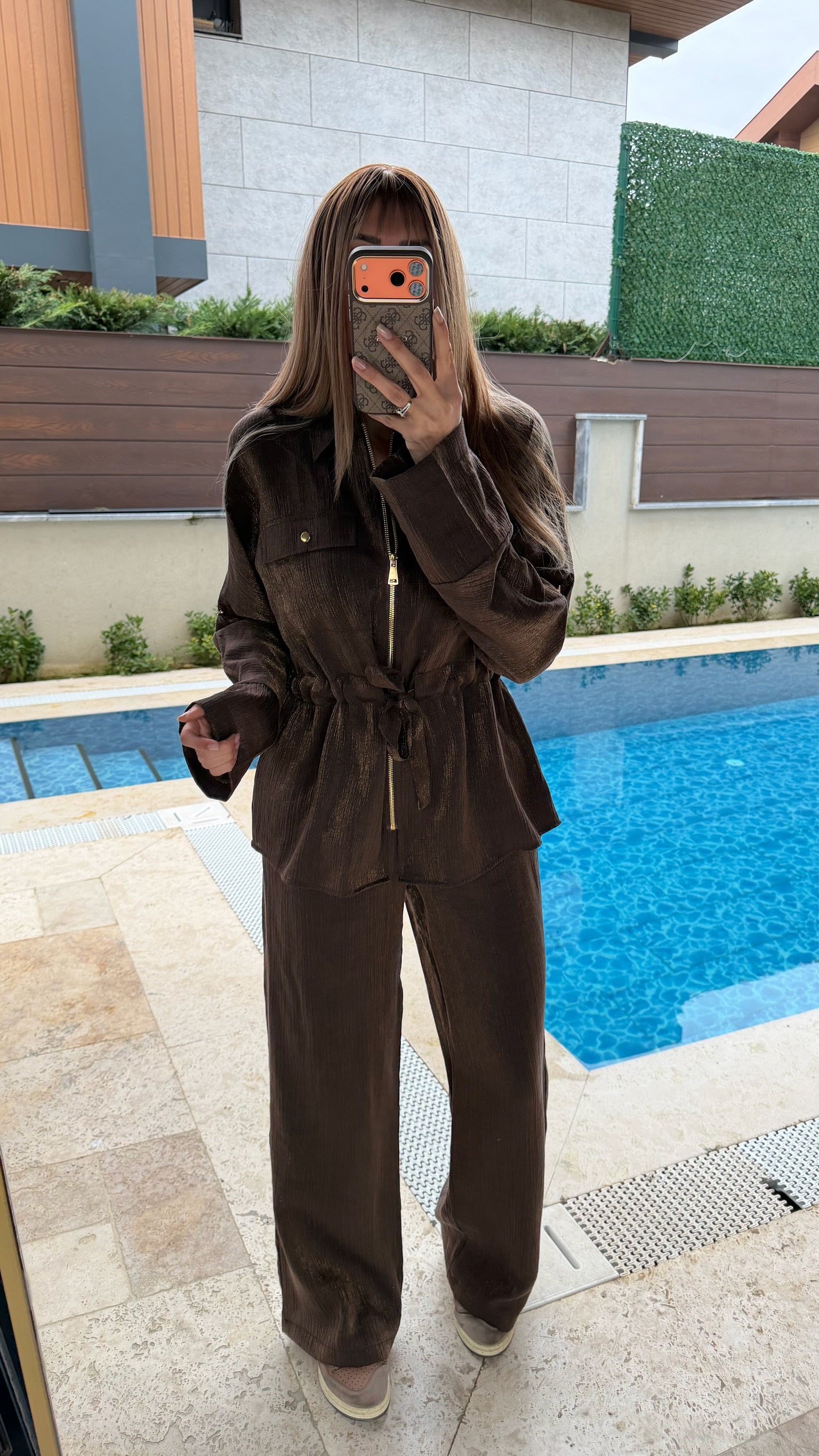 Bel Bağlamalı Fermuarlı Simli Kahverengi Takım