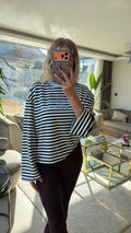 Mimoza Çizgili Yazı Detaylı Mavi Sweat
