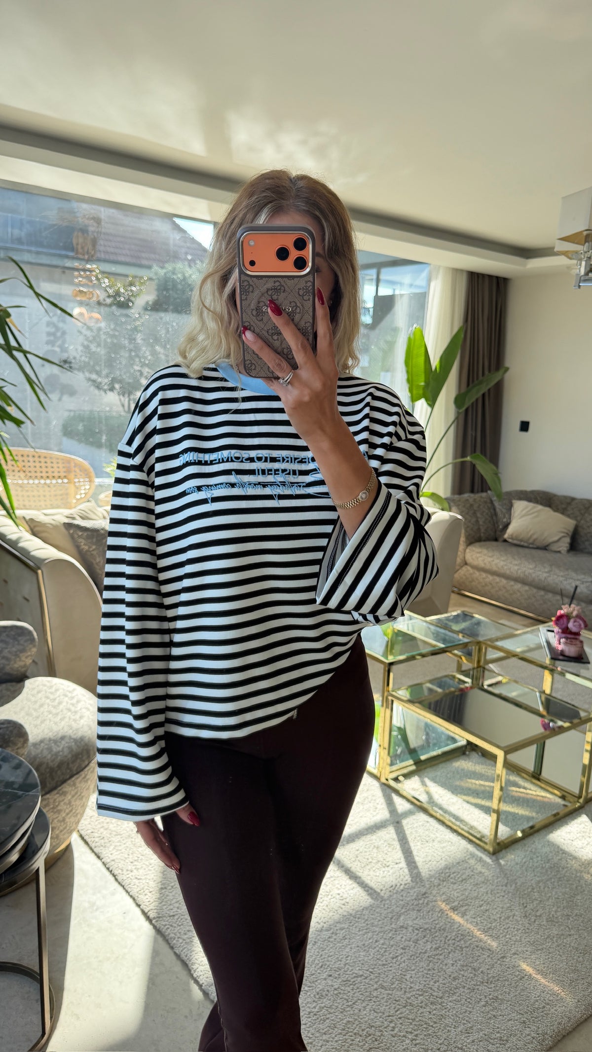 Mimoza Çizgili Yazı Detaylı Mavi Sweat