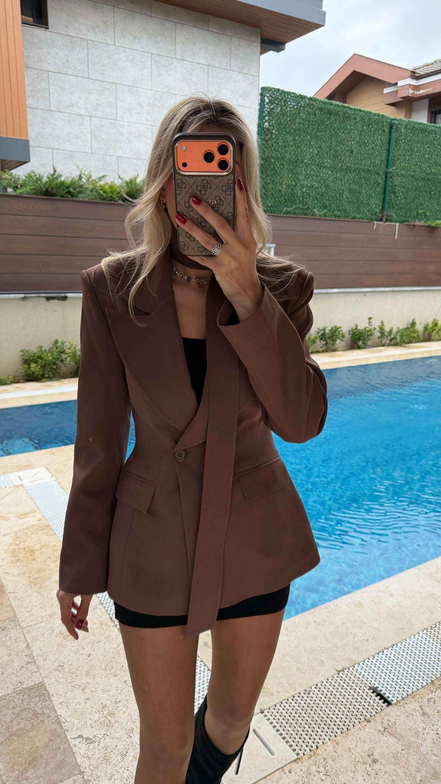 Şallı Düğmeli Cep Detaylı Ceket Acı Kahve