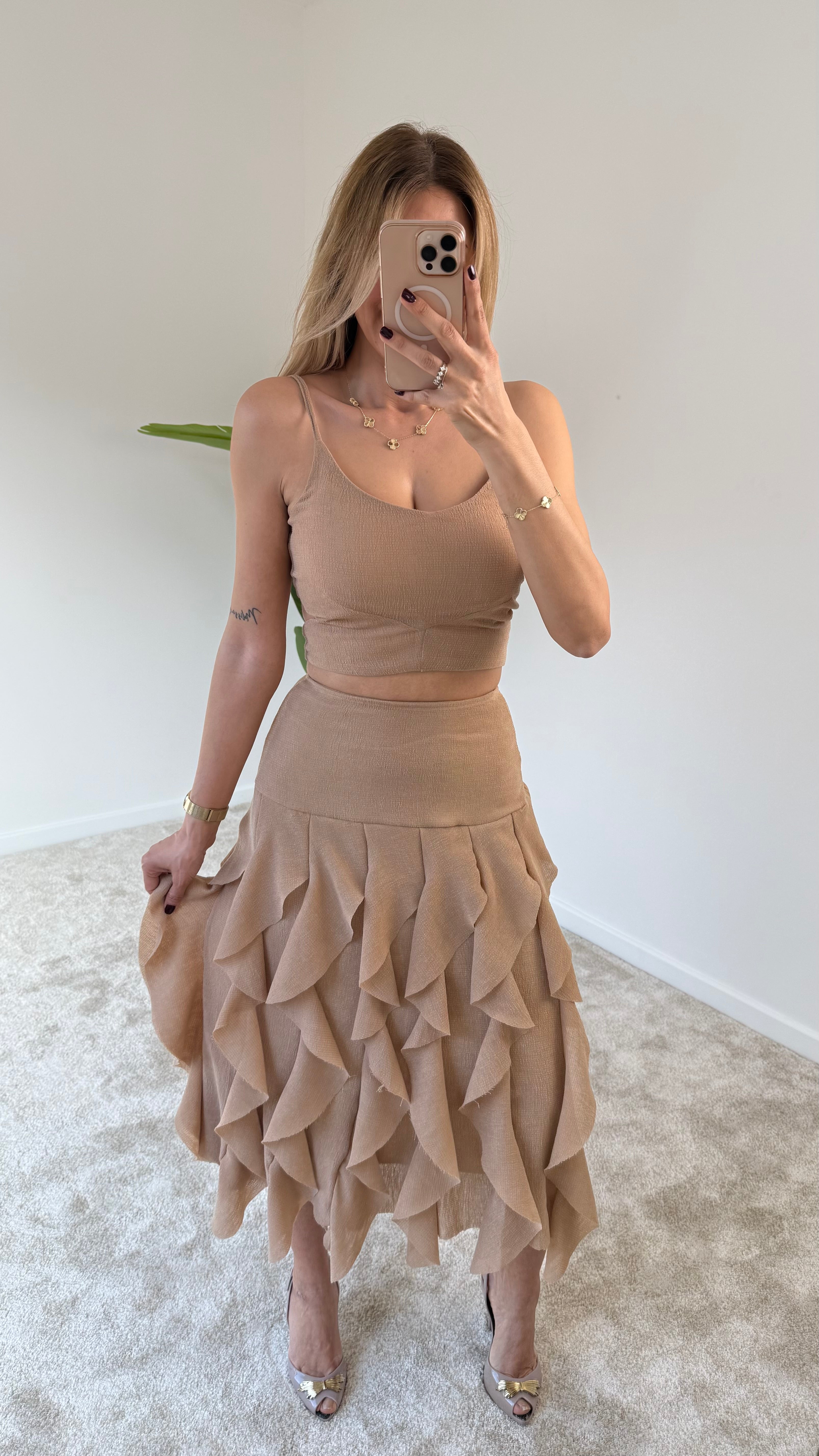 Laide Crop Bluz Fırfırlı Etek Takım