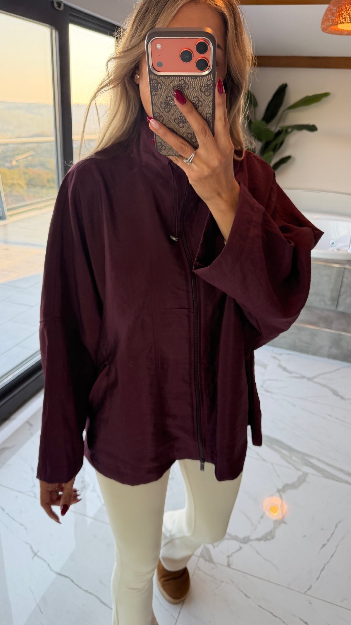 Oversize Kapüşonlu Fermuarlı Sweatshirt Ceket Mürdüm