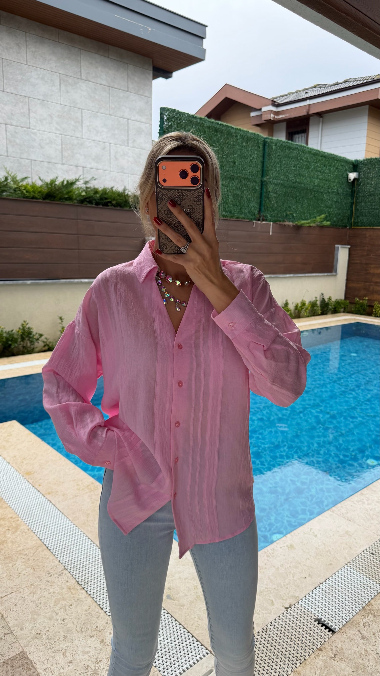 Kendinden Desenli Transparan Gömlek Toz Pembe