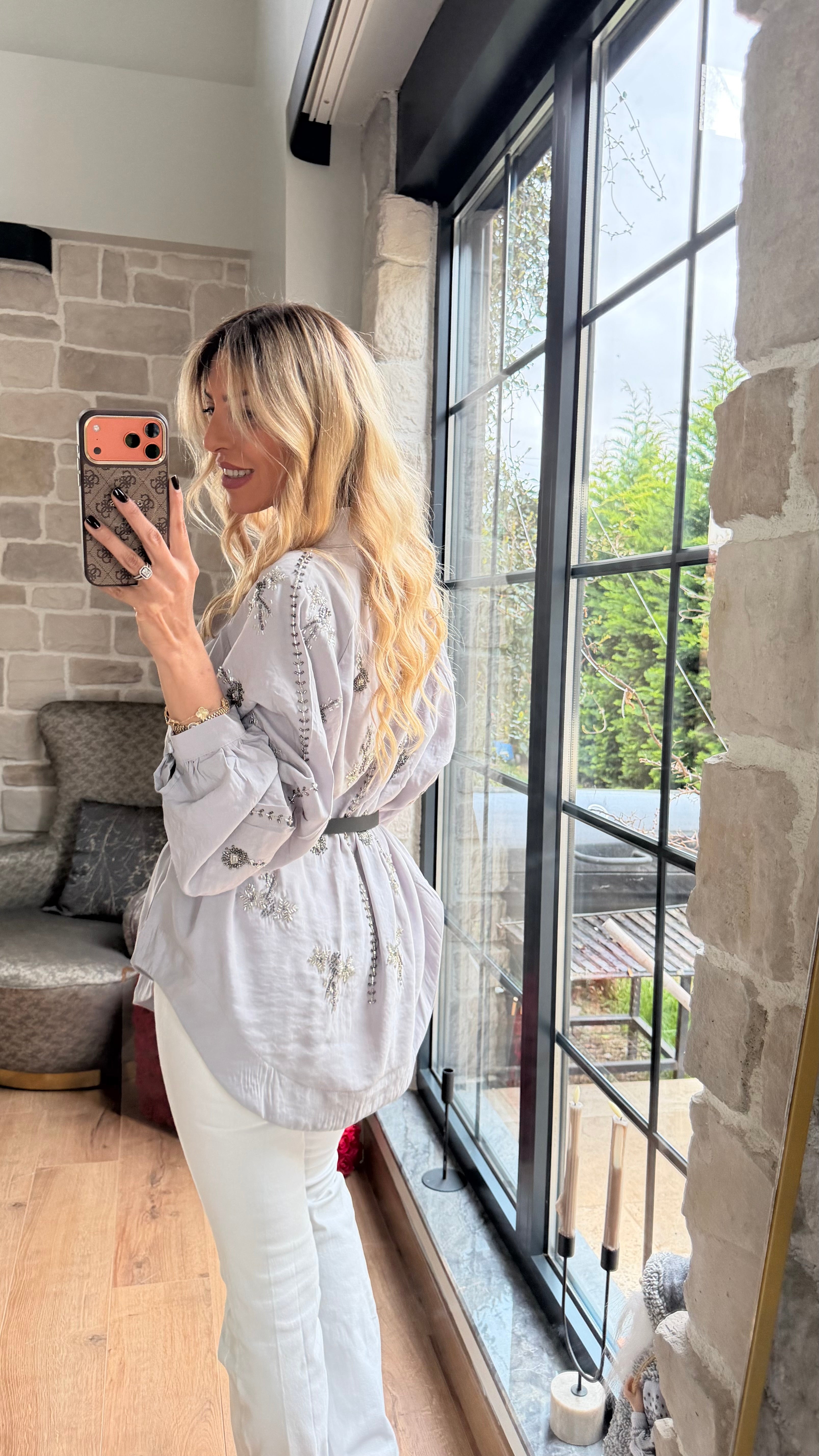 Nakış Detaylı İthal Tasarım Kimona Gri