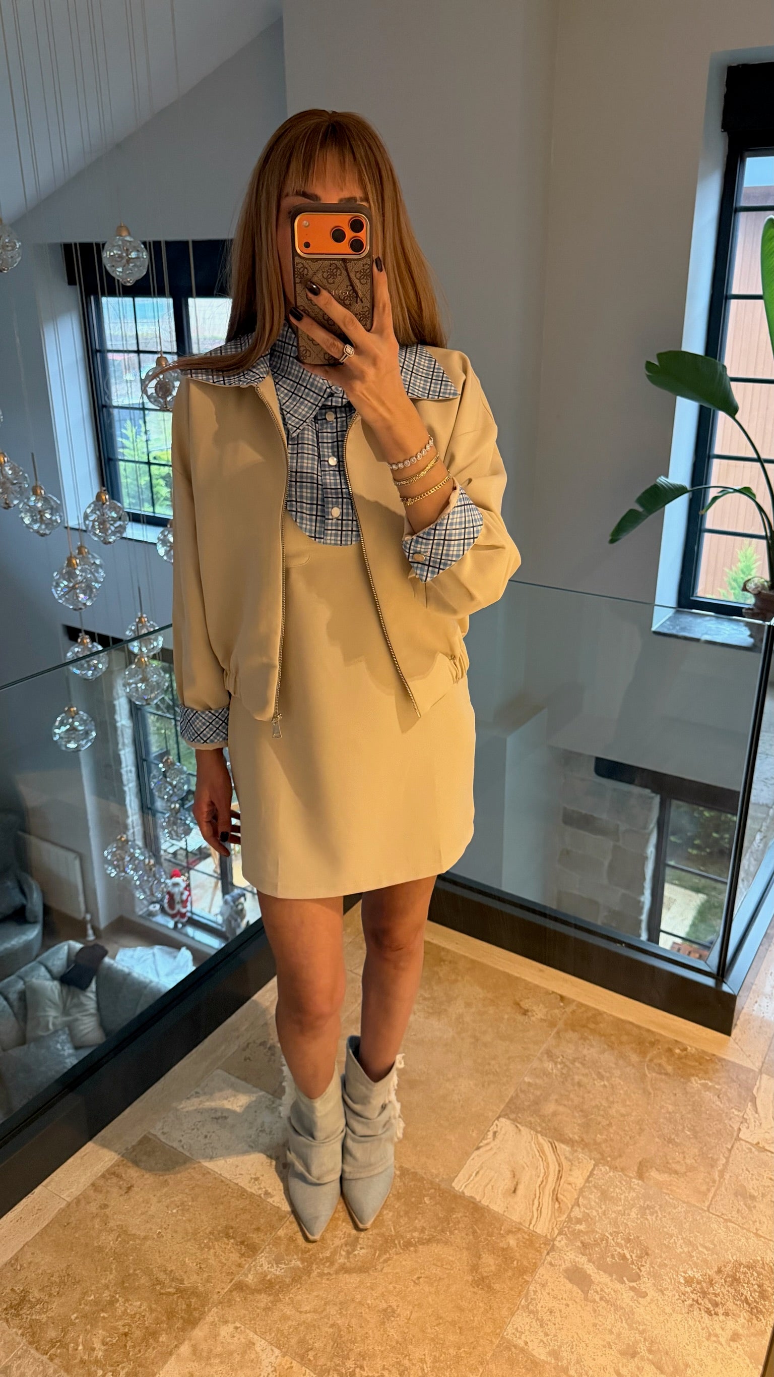 Ekose Yakalık Elbise Ceket Takımı Krem