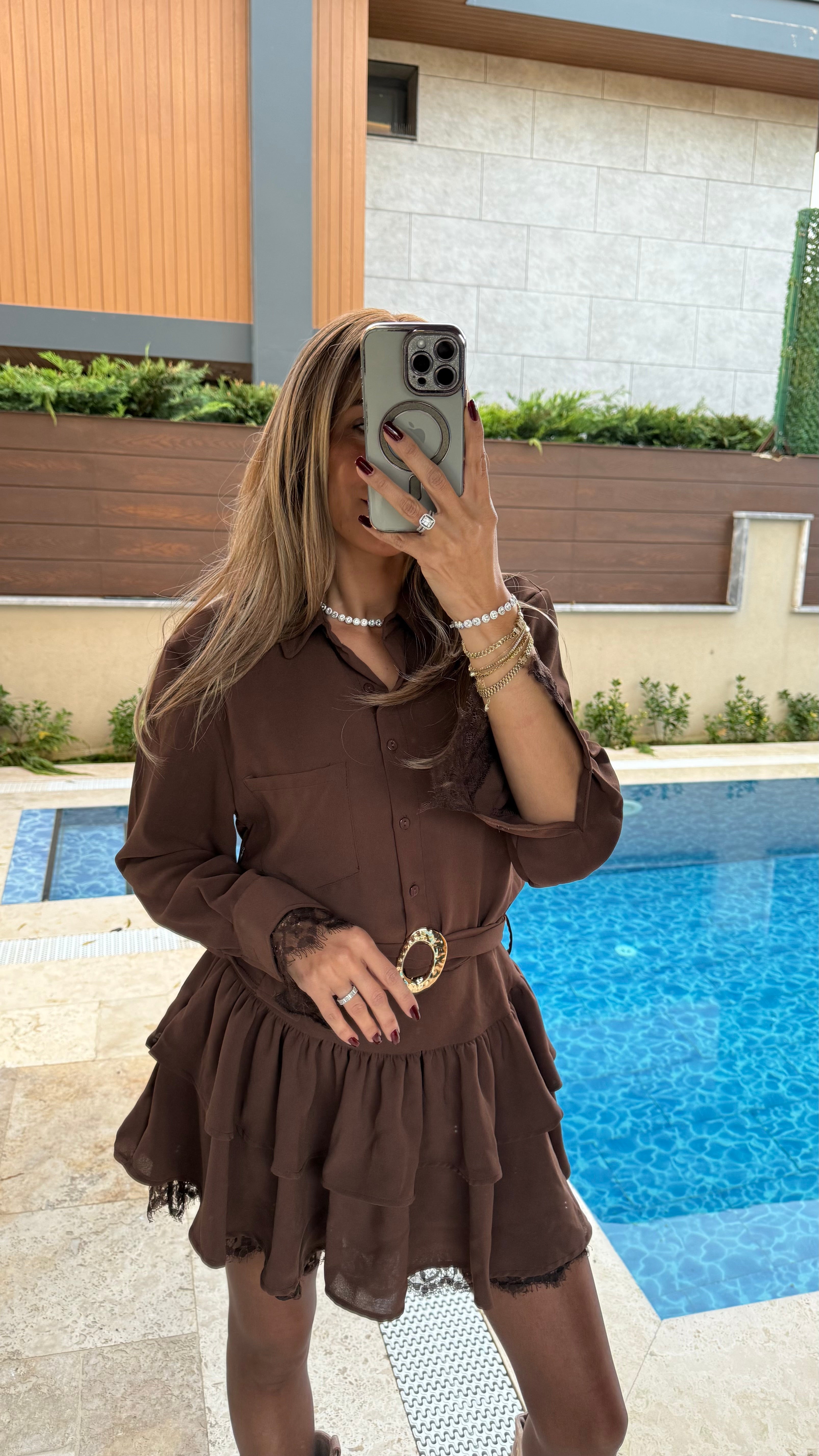 Acı Kahve Dantel Detaylı Elbise