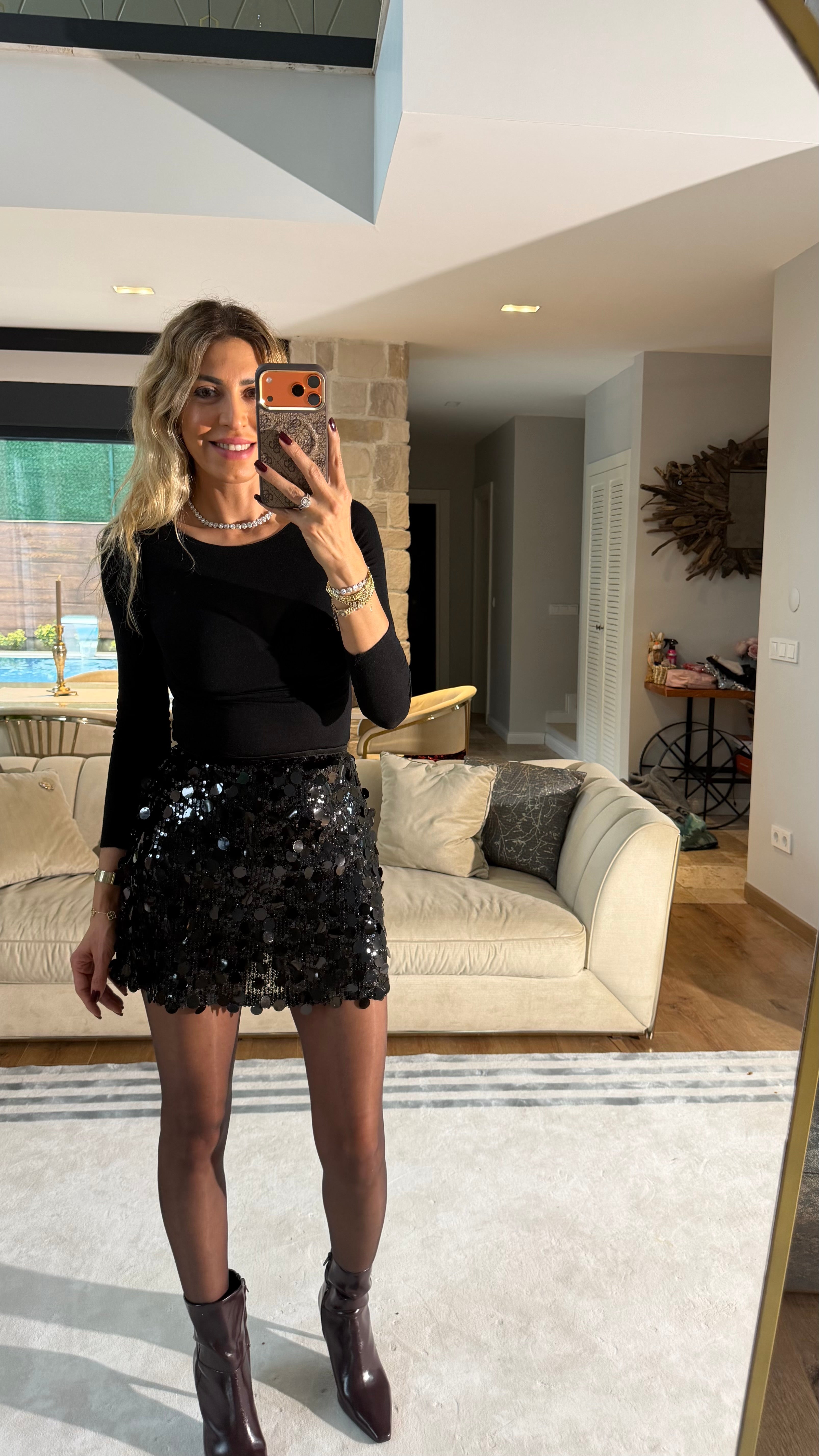 Mega Payetli Mini Etek Siyah