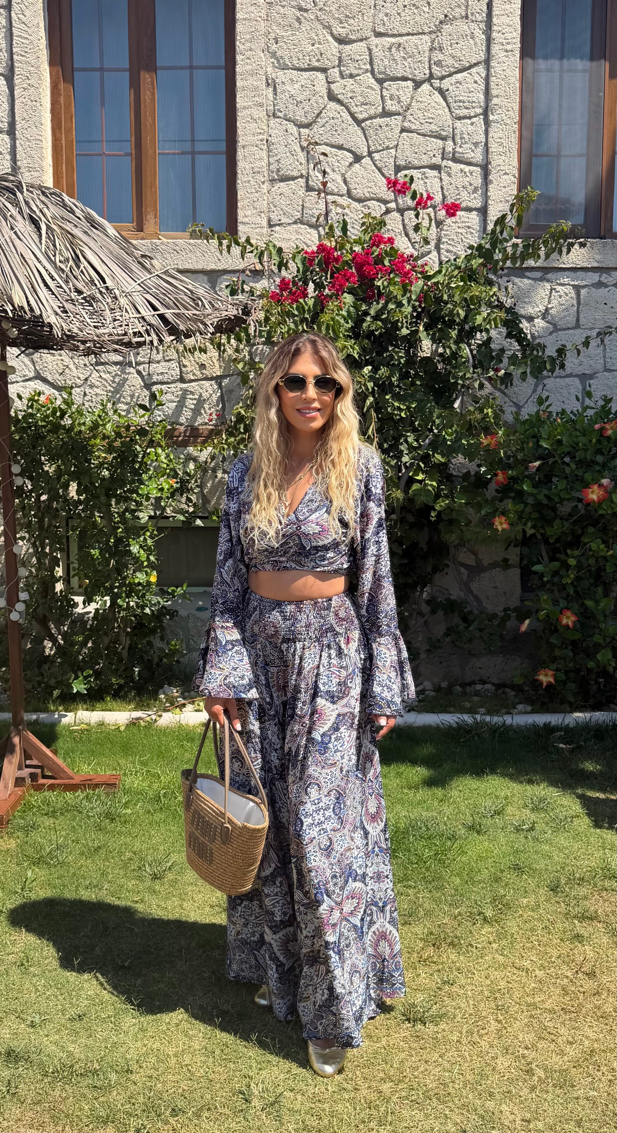 Lavinia İpek Kruvaze Bluz Pantolon Takım Lacivert