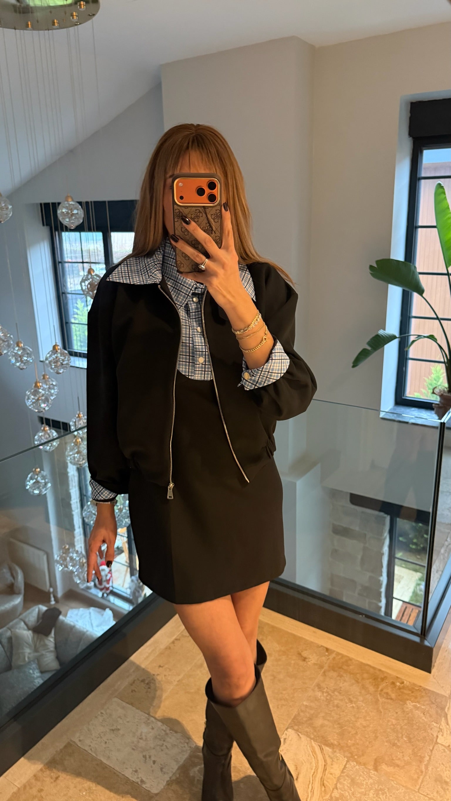 Ekose Yakalık Elbise Ceket Takımı Siyah