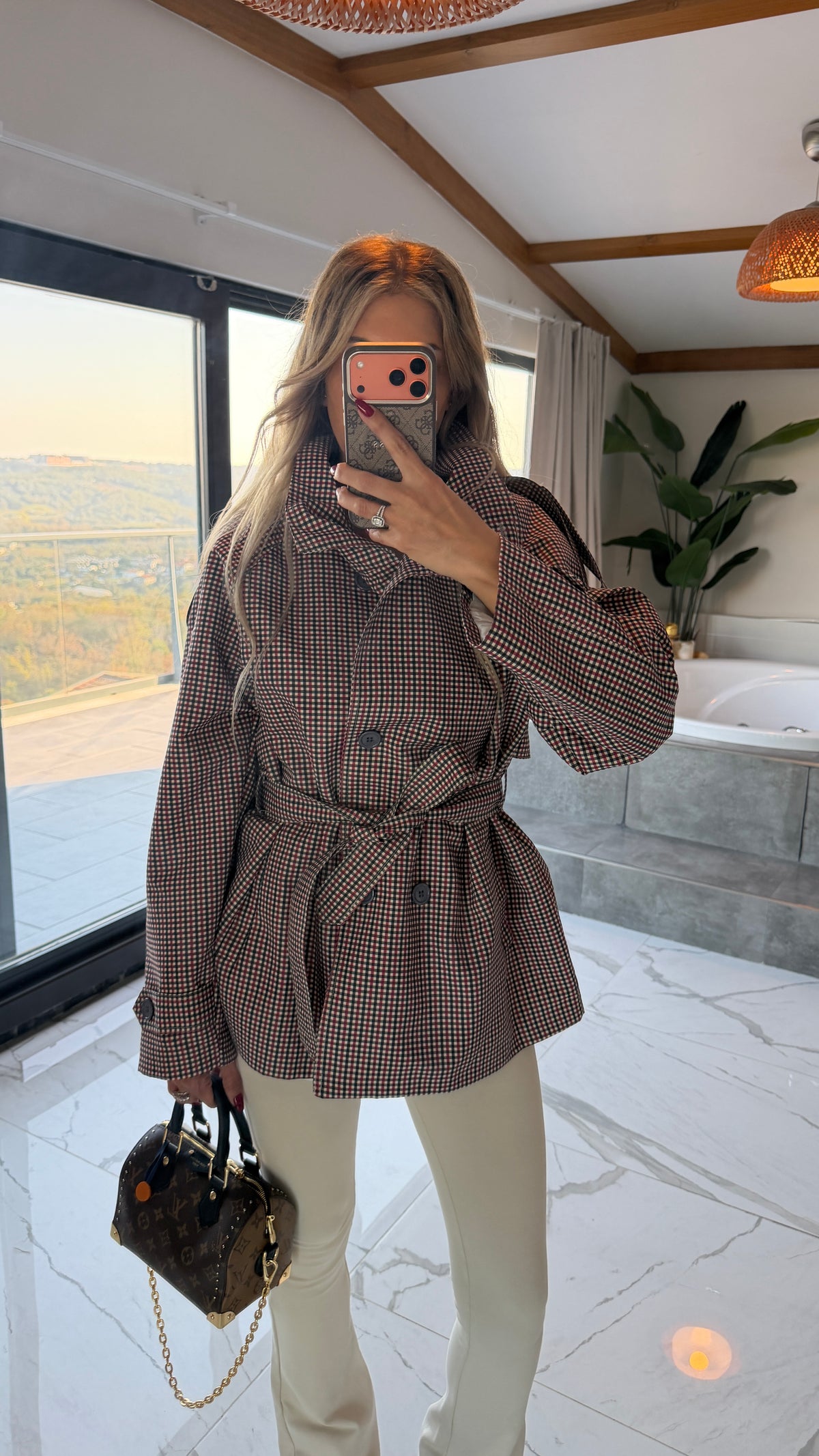 Bordo  Ekose Desenli Kemerli Blazer Ceket