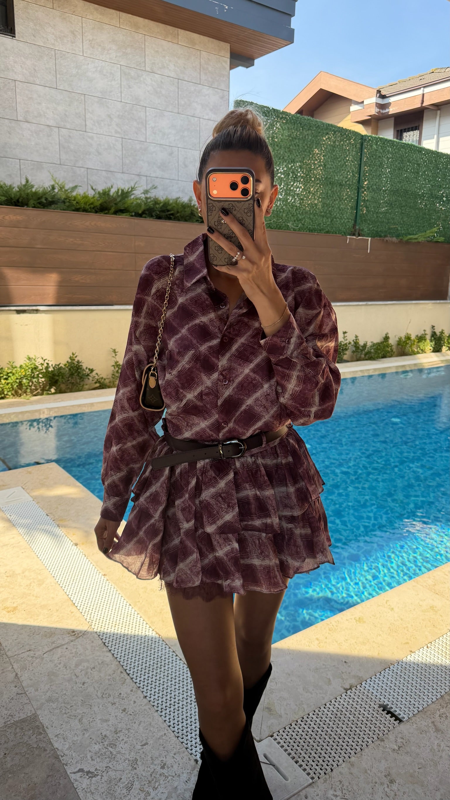 Ekose Desenli Kemerli Gömlek Etek Takım Bordo