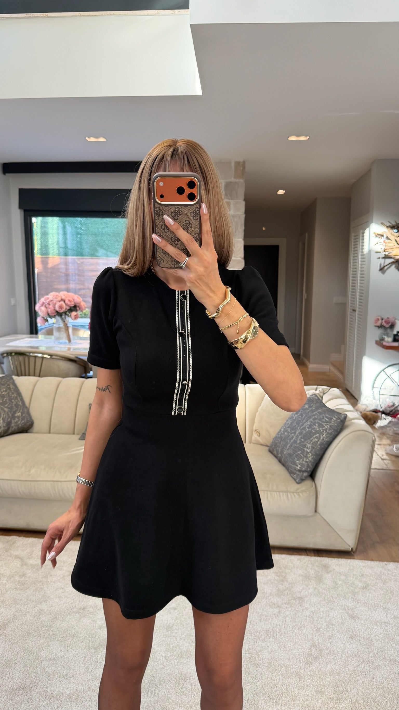 Önü Detaylı Mini Elbise Siyah