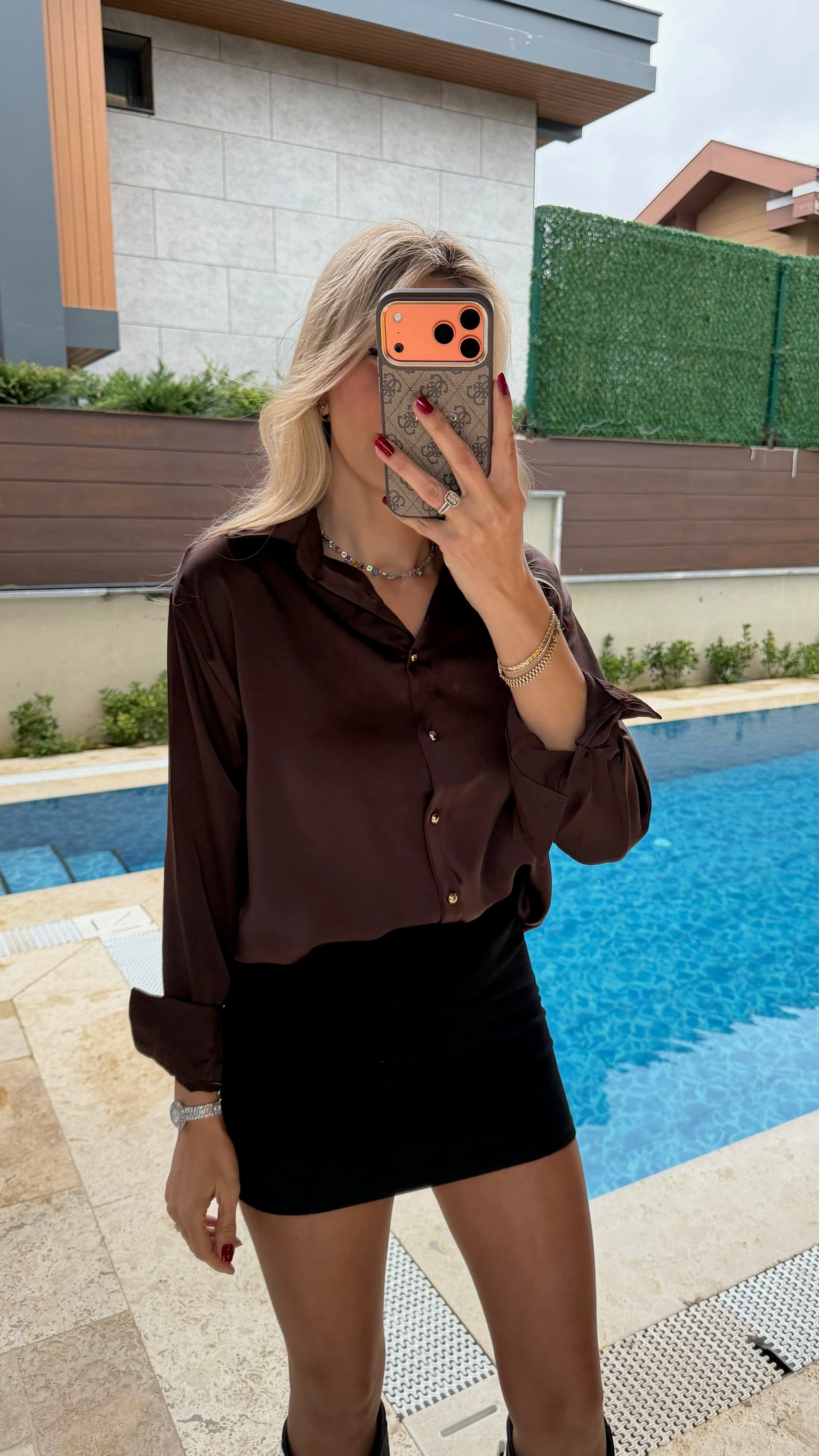 Kruvaze Yaka Gold Düğmeli Saten Gömlek Acı Kahve