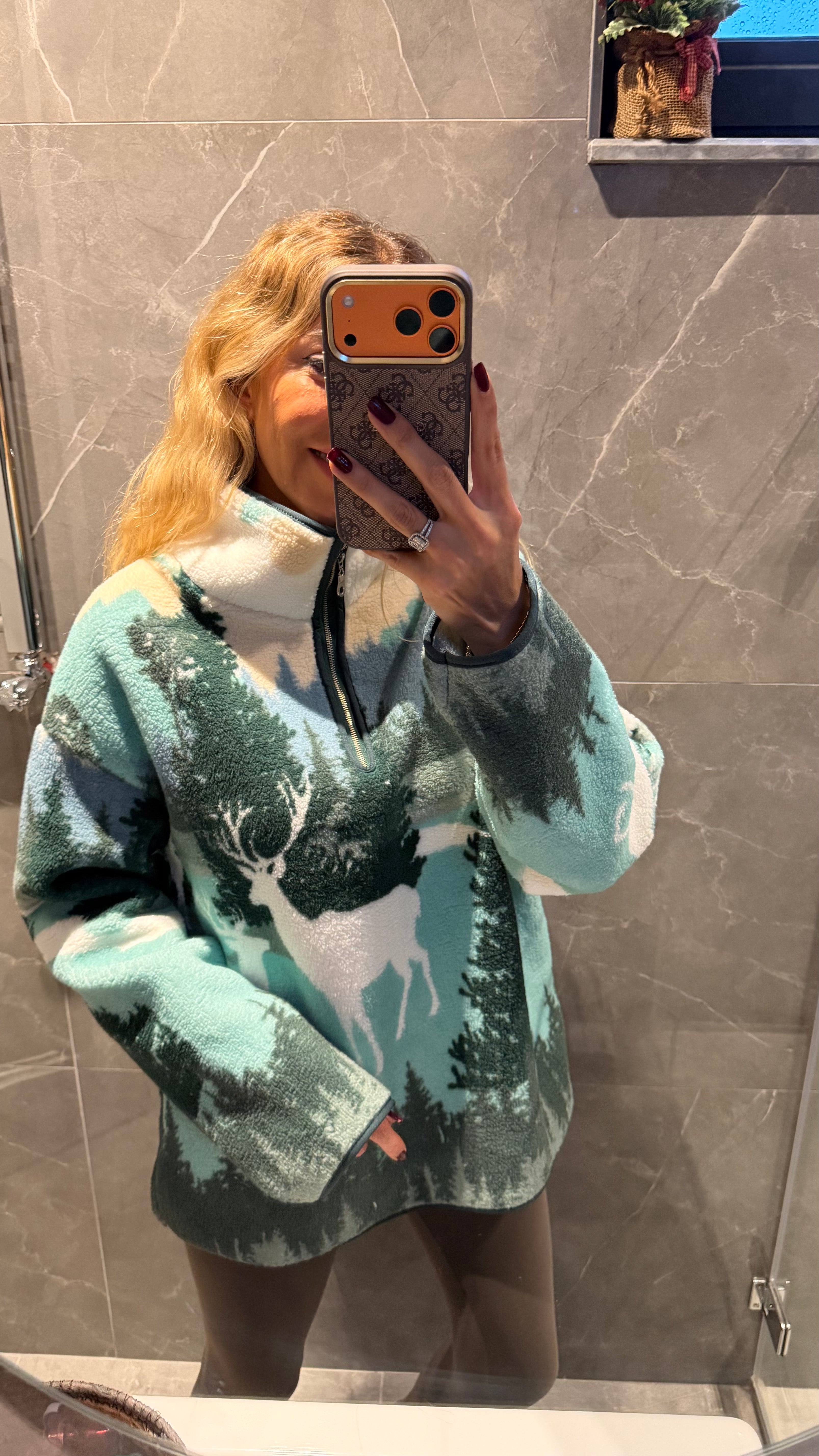 YEŞİL YARIM FERMUARLI OVERSİZE PELUŞ SWEATSHİRT