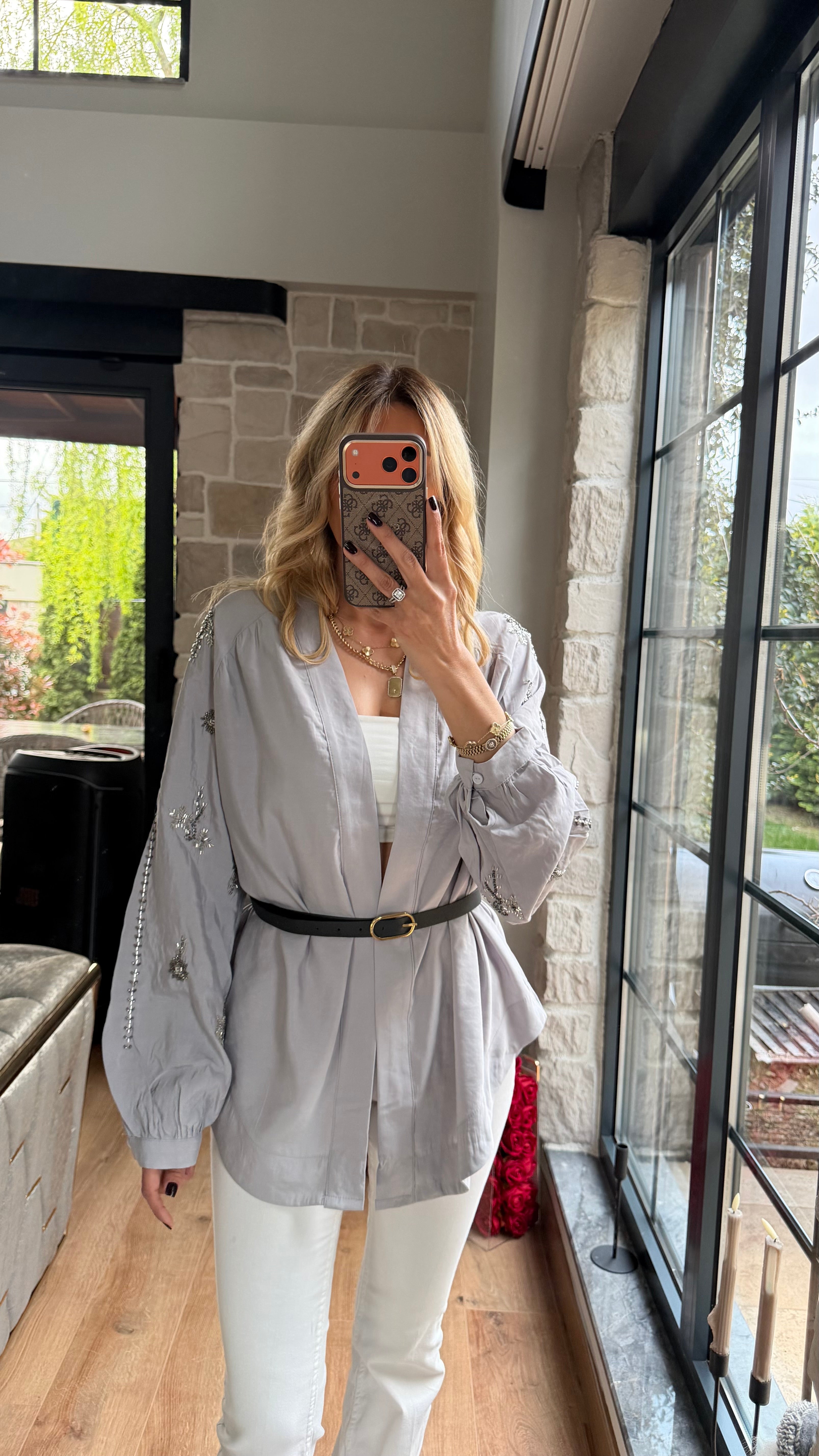 Nakış Detaylı İthal Tasarım Kimona Gri