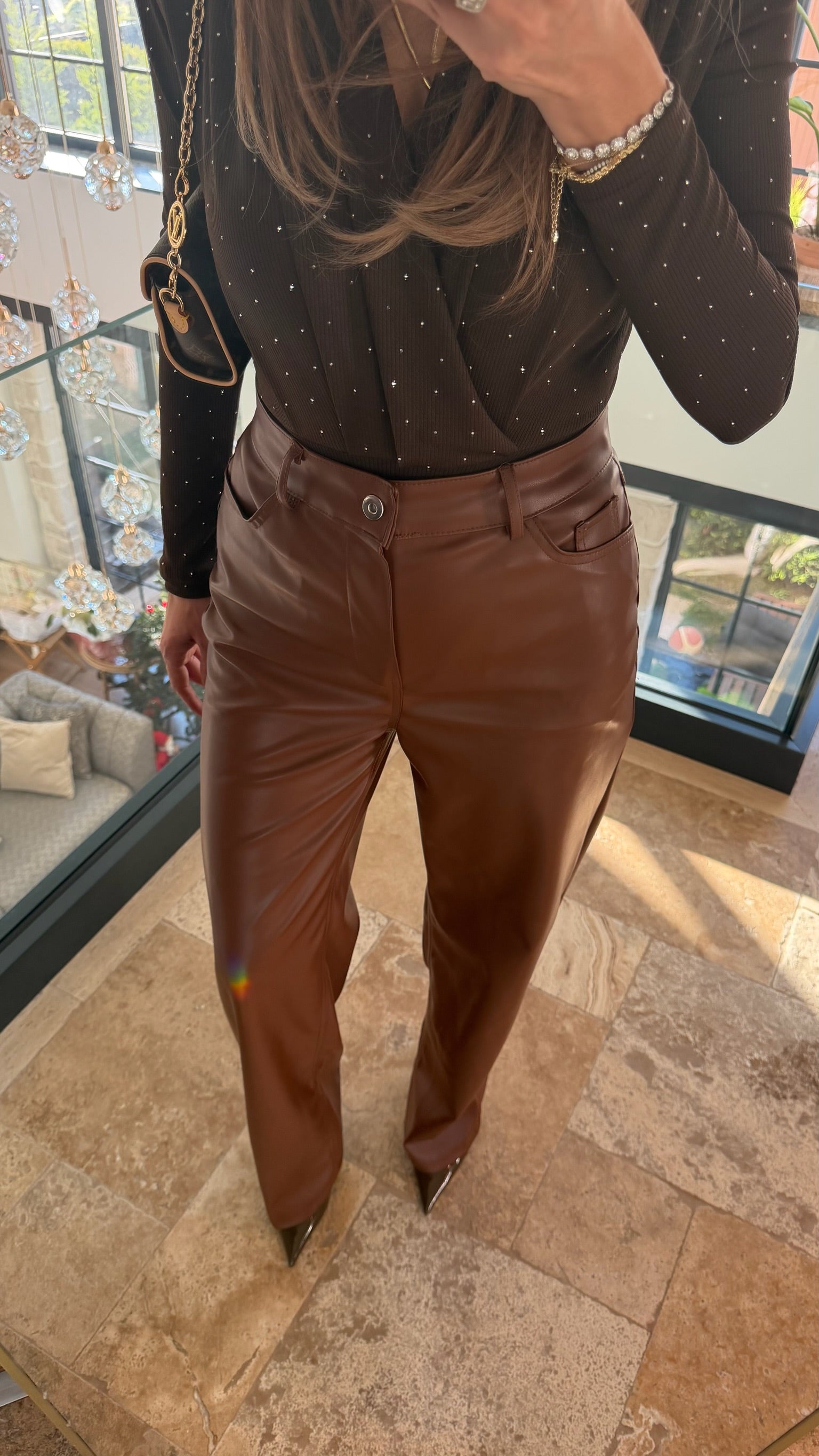 Kahverengi Suni Deri Pantolon