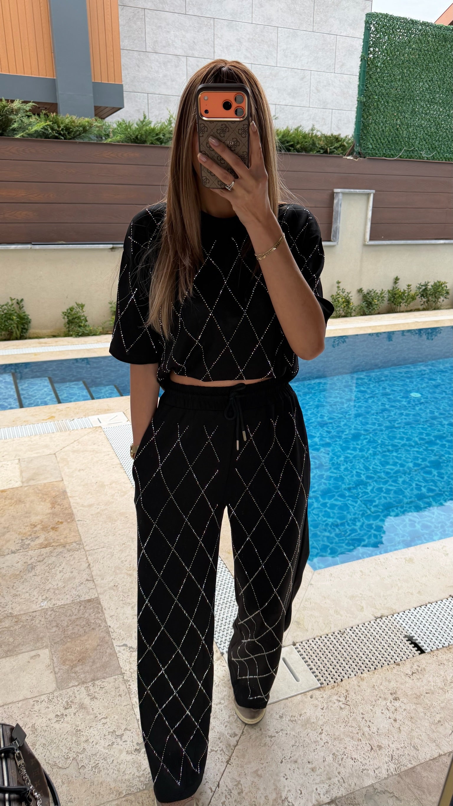 Baklava Desenli Taşlı İkili Tişört Takım Siyah