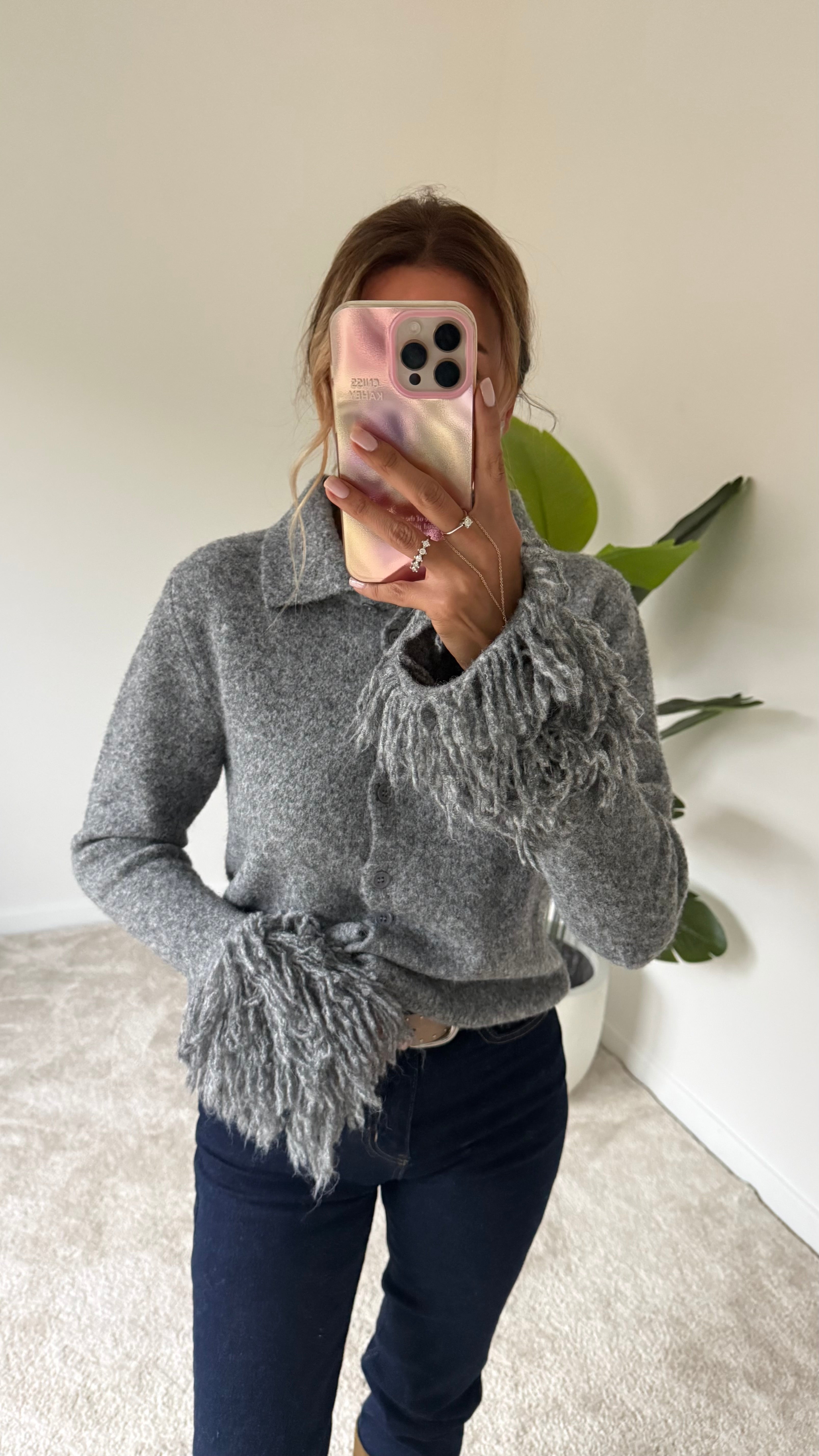 Polo Yaka Kolları Püsküllü Hırka Gri