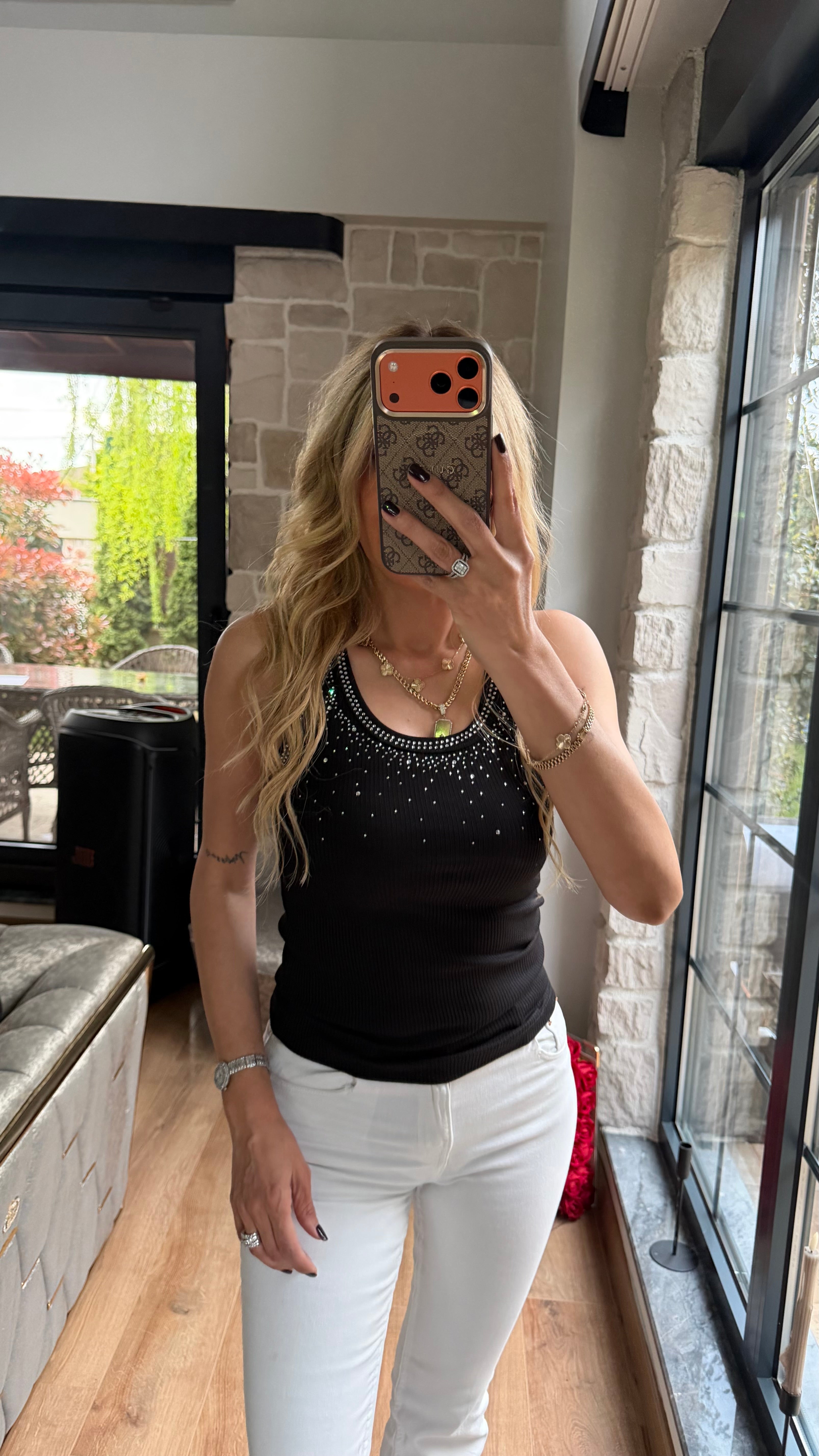 Dağınık Taş Detay Atlet Siyah