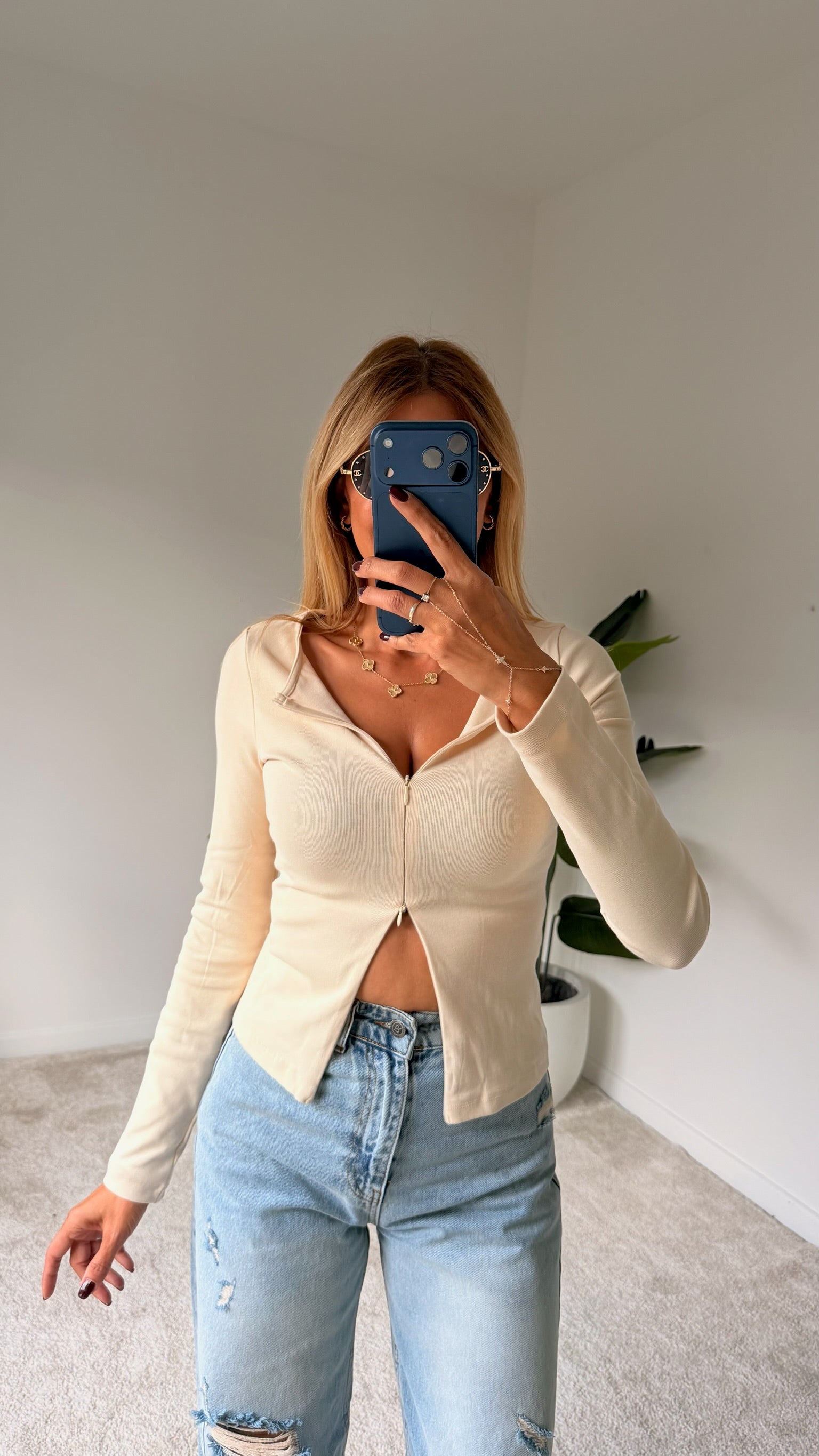 DİLVİN Fermuar Detaylı Bluz Bej