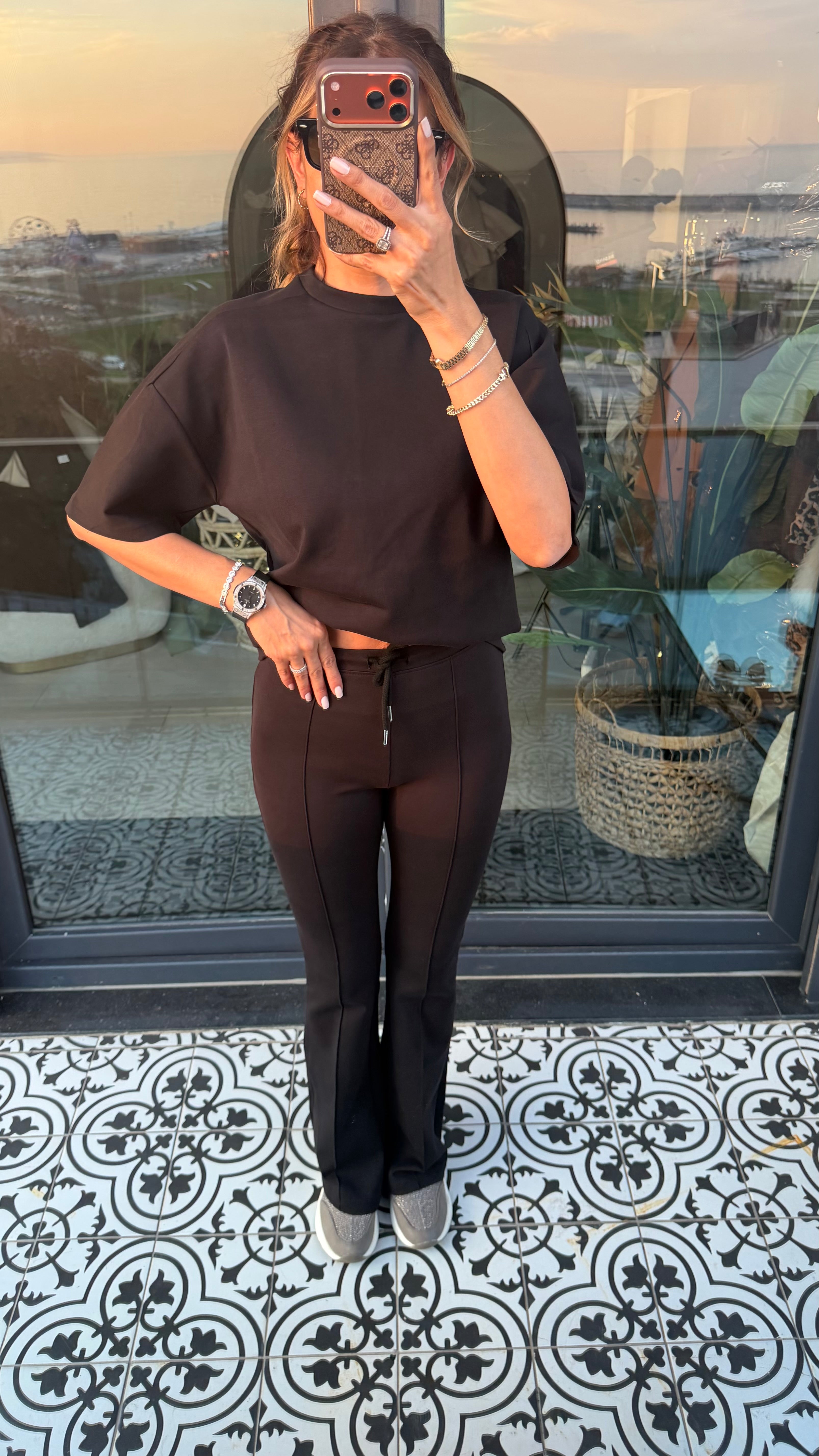 Kısa kollu ispanyol paça ikili takım siyah