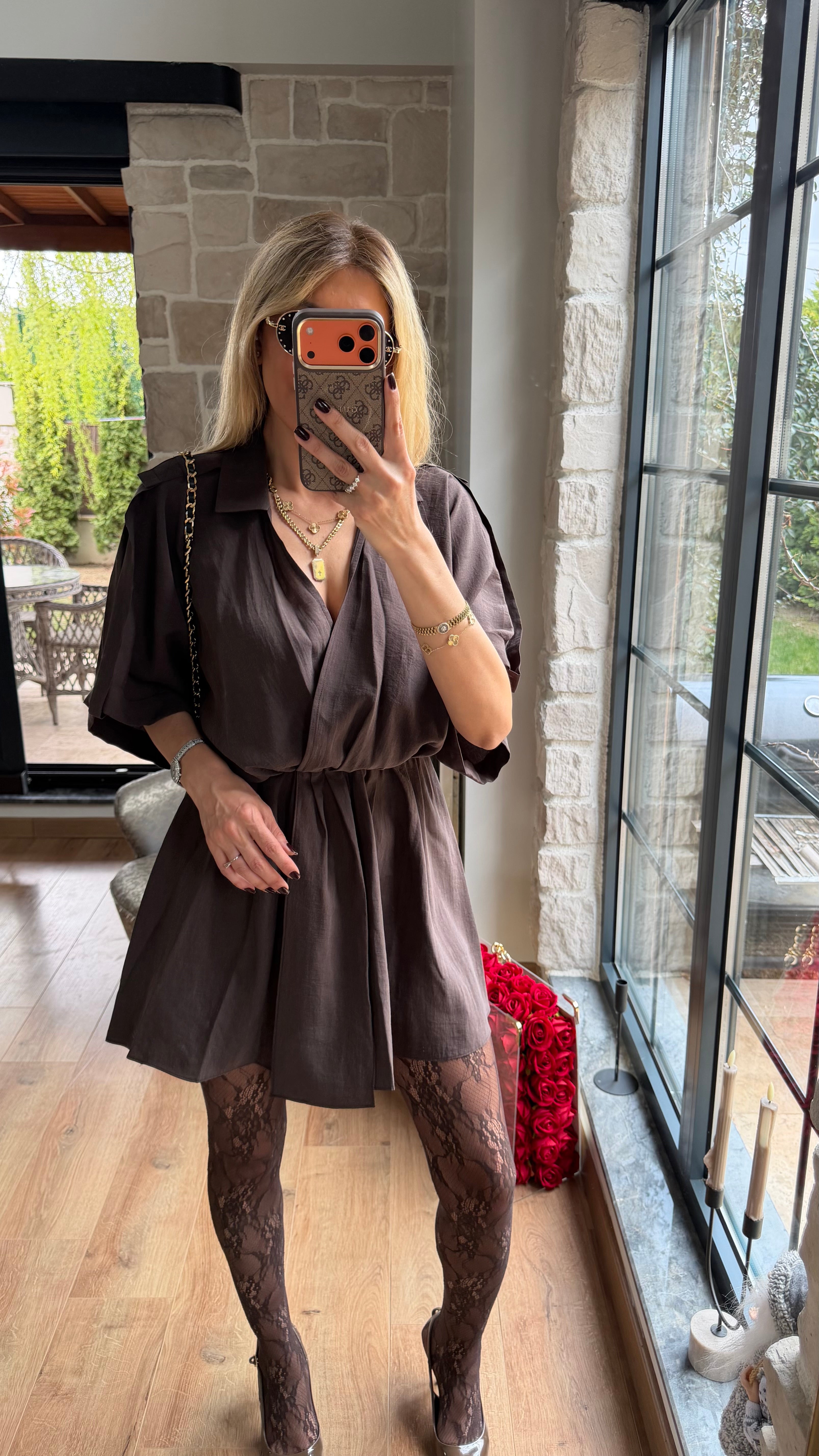 Modal V Yaka Belden Büzgülü Salaş Kesim Mini Elbise Acı Kahve