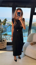 Sandy Kumaş Gold Toka Detaylı Elbise Siyah