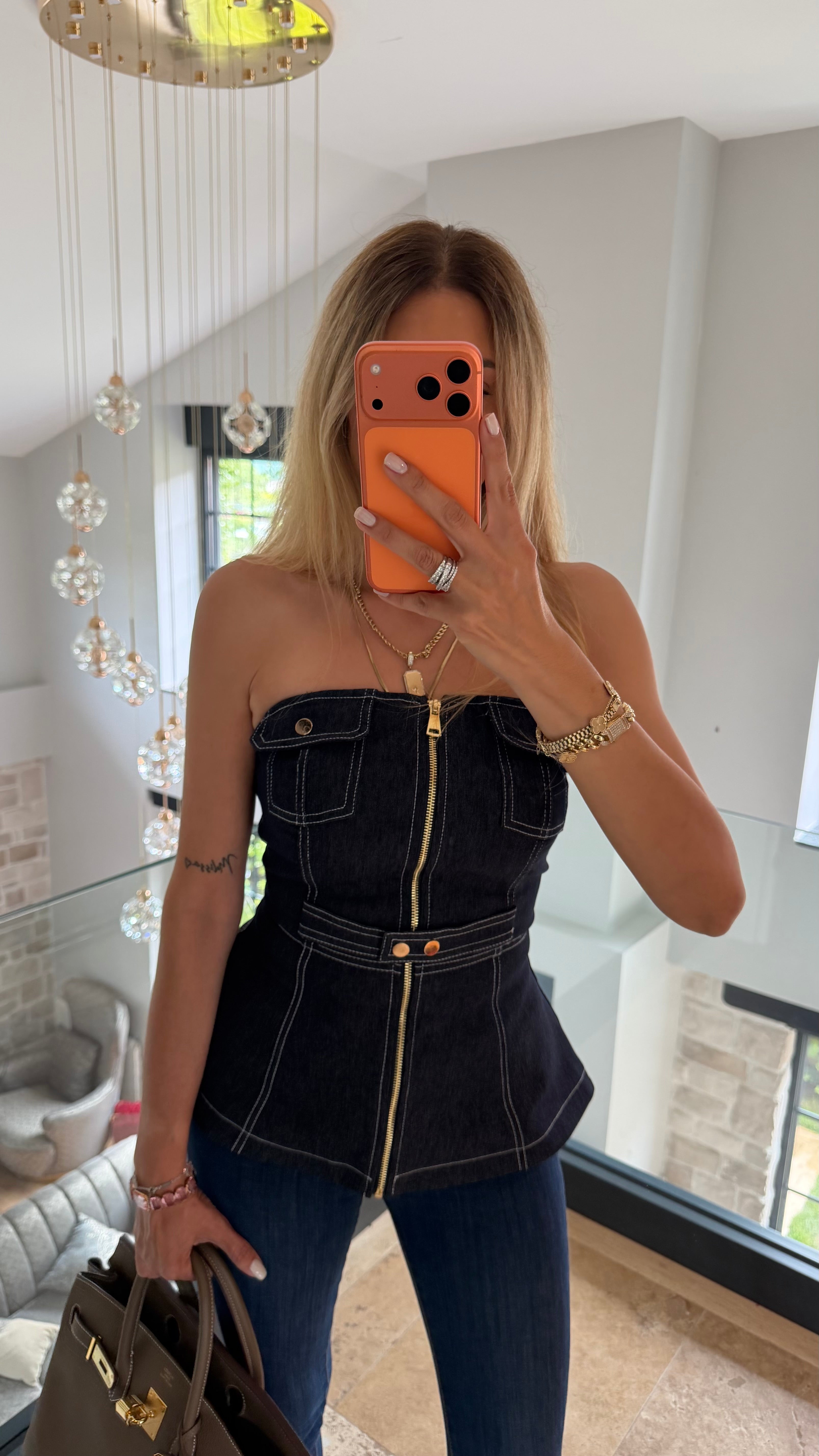 Lacivert Straplez Fermuarlı Denim Bluz