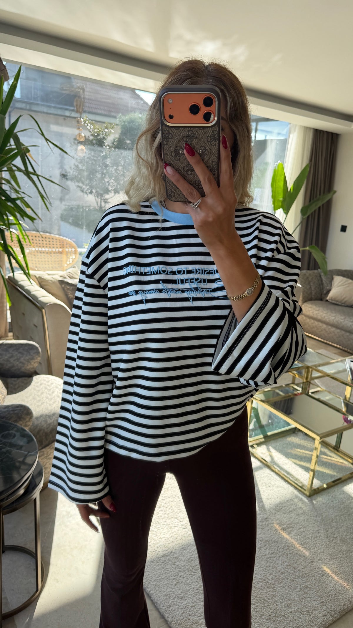 Mimoza Çizgili Yazı Detaylı Mavi Sweat