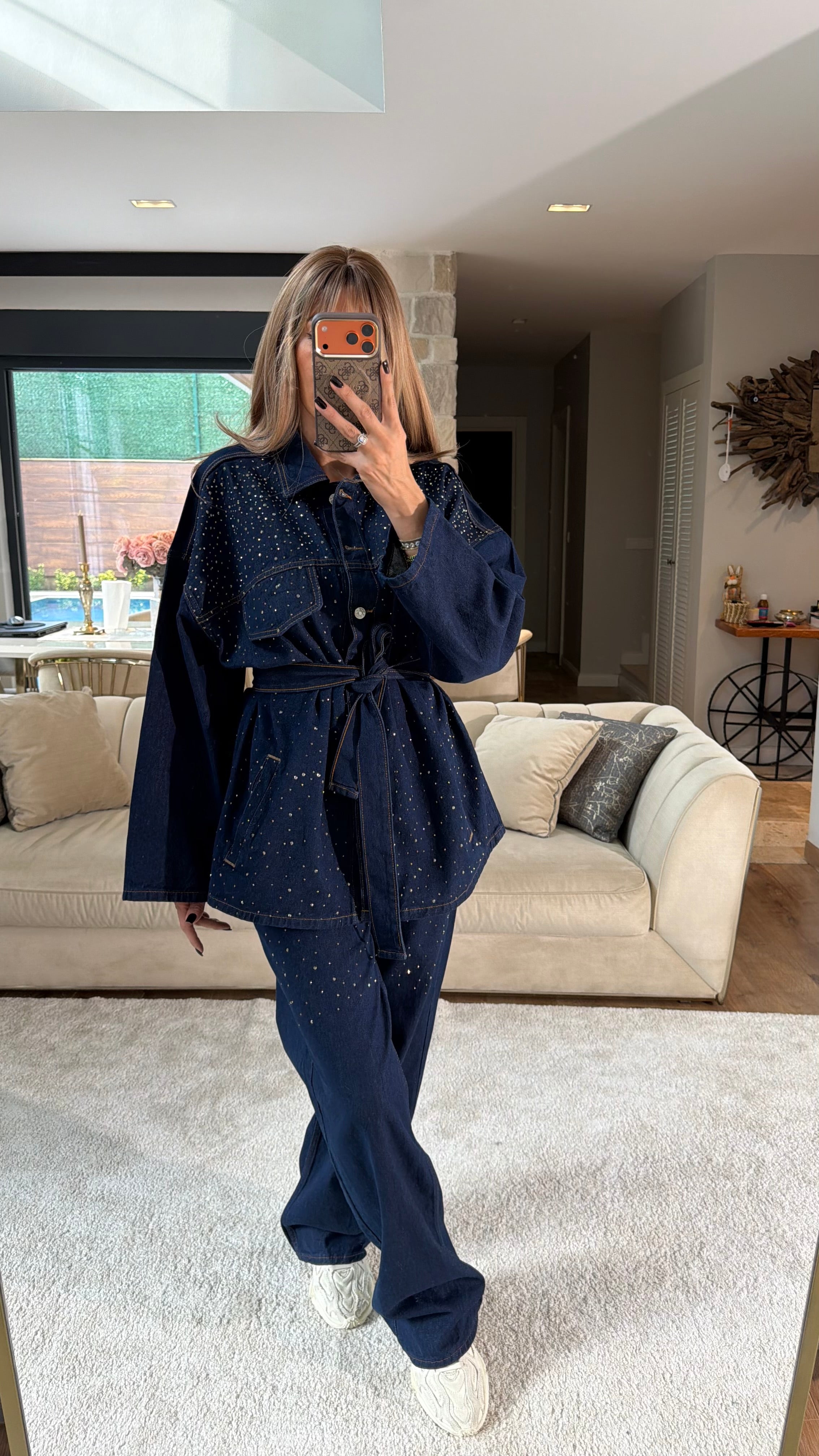 Taşlı Kemerli Kot Ceket Pantolon Takım Lacivert