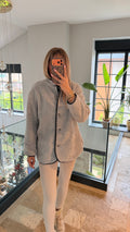 Düğmeli Deri Detaylı Peluş Oversize Ceket Gri