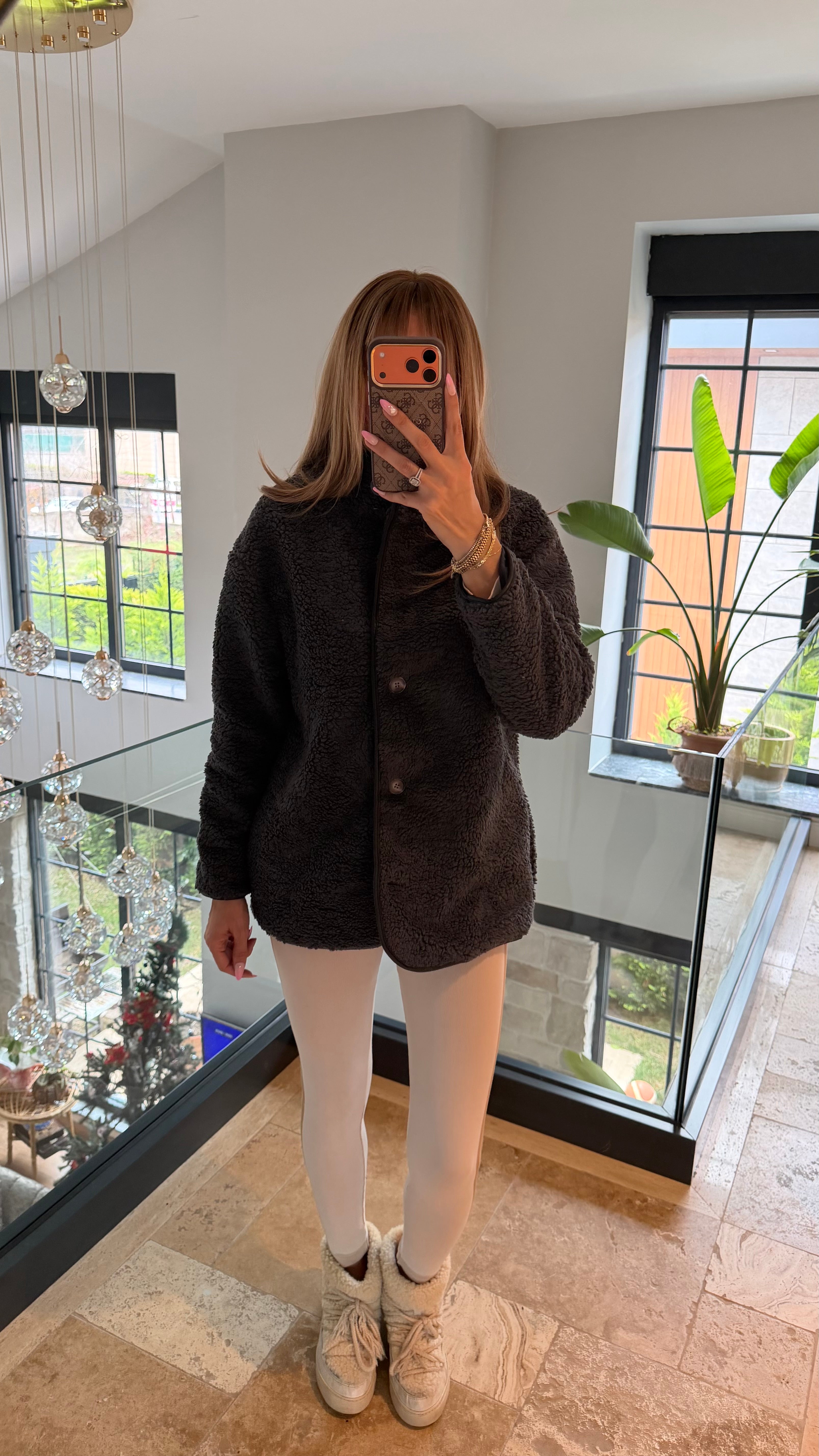 Düğmeli Deri Detaylı Peluş Oversize Ceket Antrasit