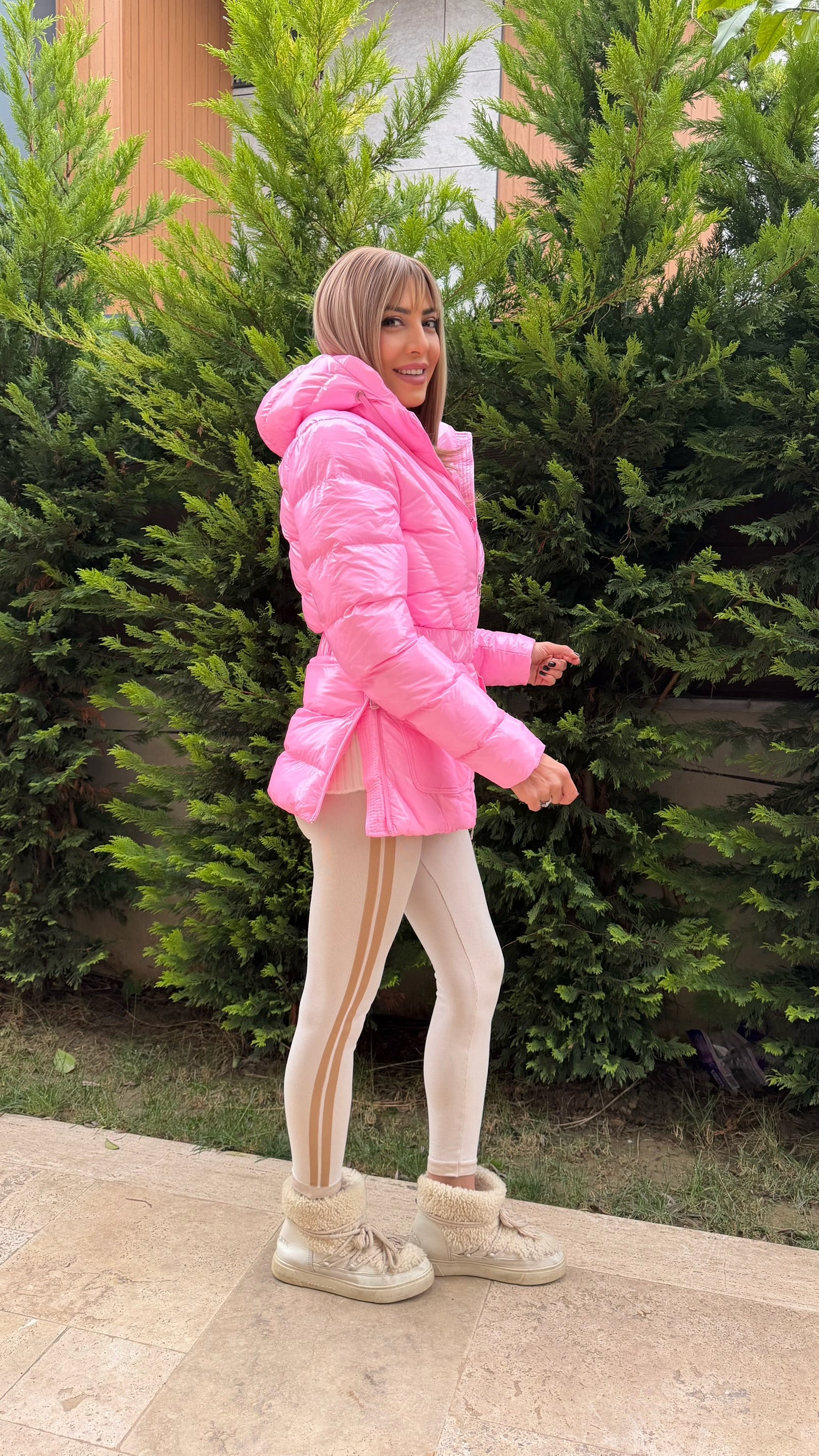 Luxe Kemerli İthal Kaz Tüyü Mont Şeker Pembesi