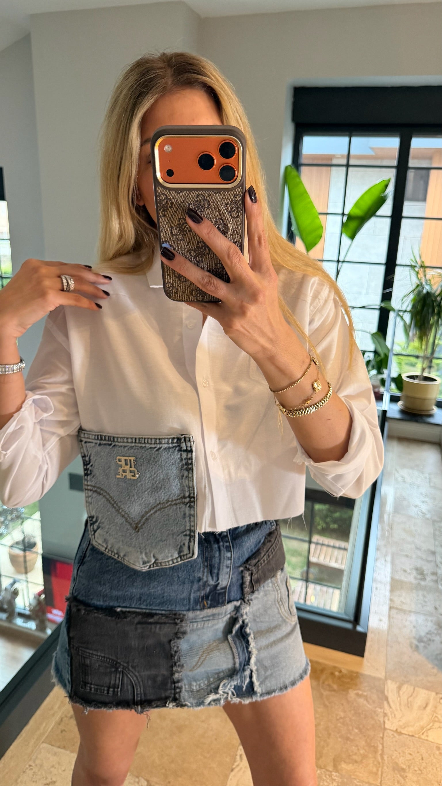 Kot Cep Detaylı Crop Gömlek Beyaz