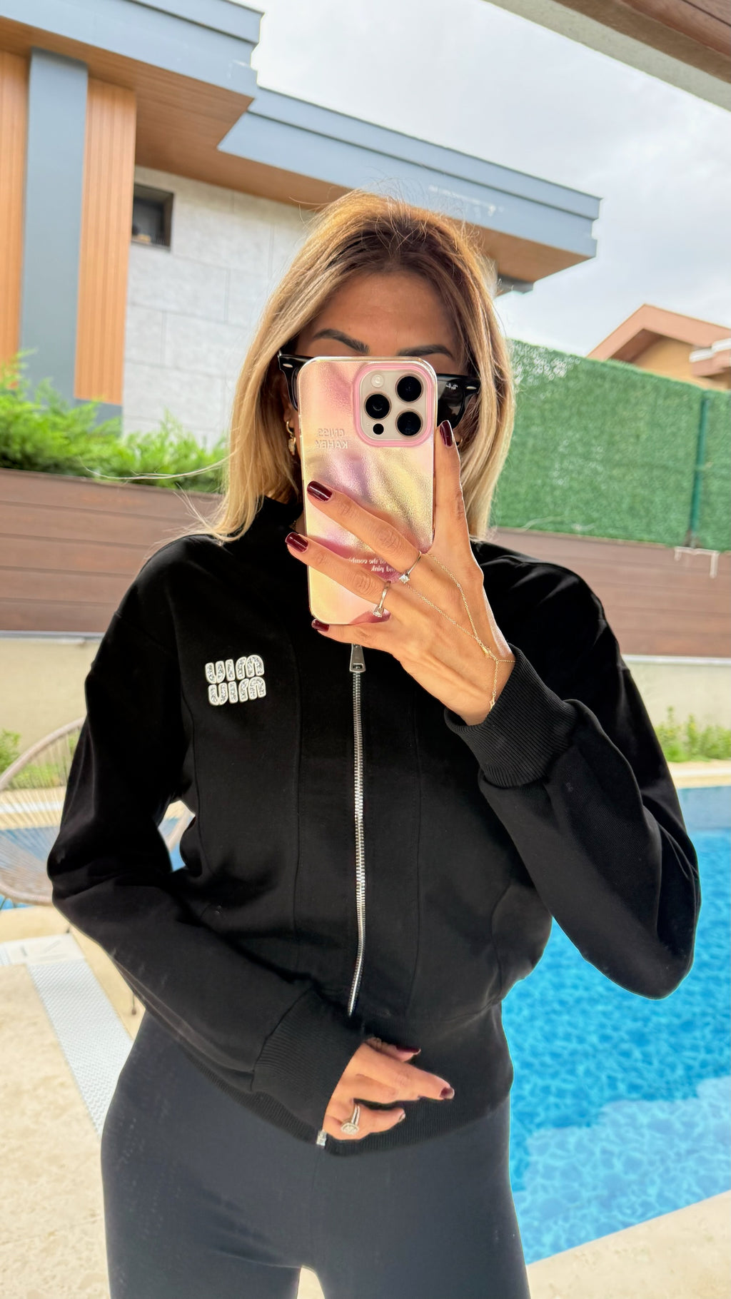 Taşlı Mıu Mıu Fermuarlı Sweatshirt