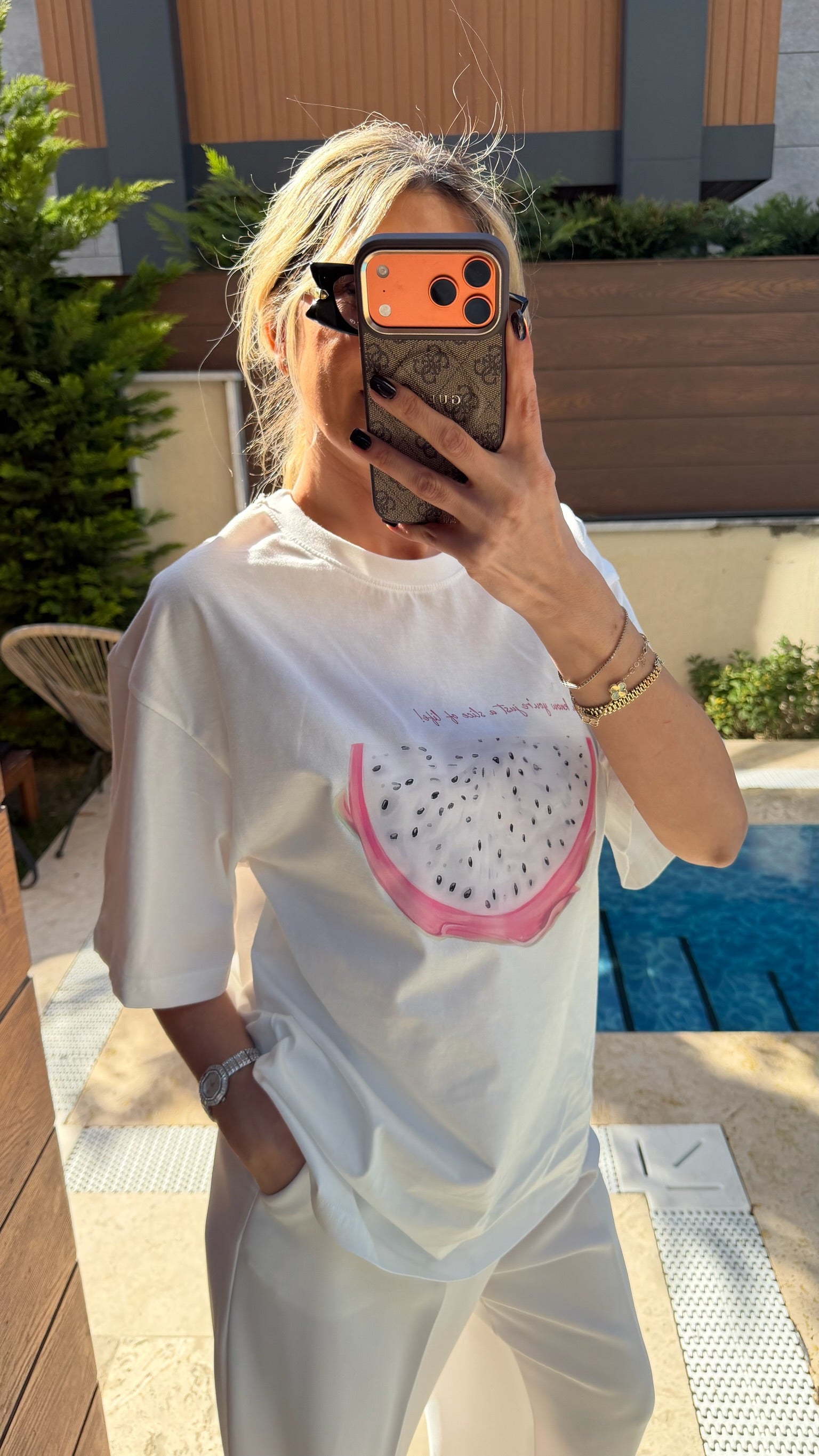 Meyve Baskılı Oversize Tişört Beyaz