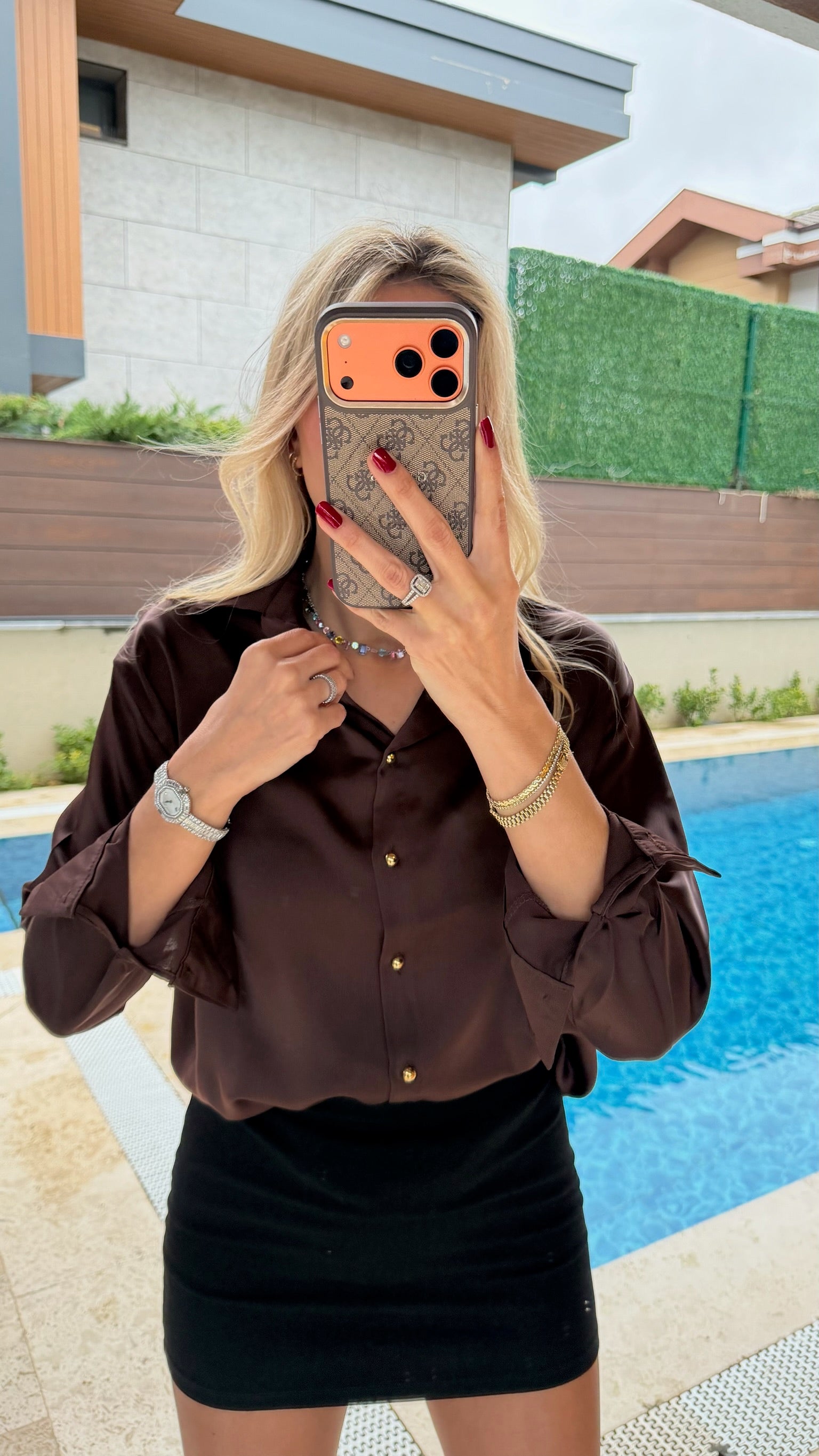 Kruvaze Yaka Gold Düğmeli Saten Gömlek Acı Kahve