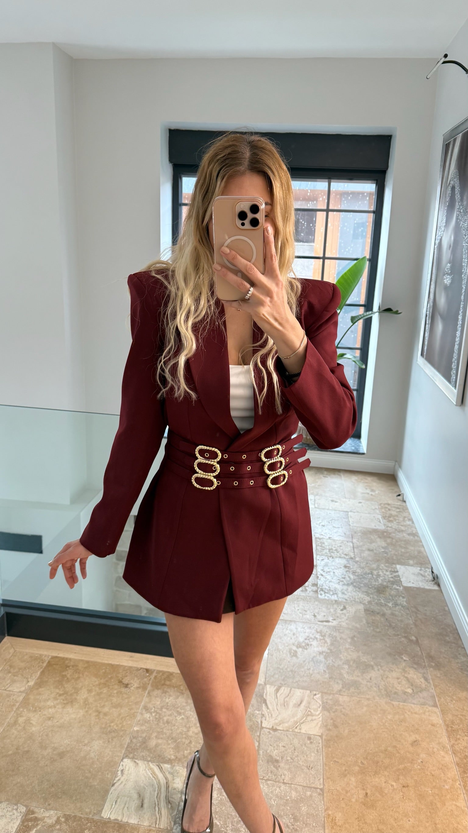Drase Kemer Detaylı Ceket Bordo