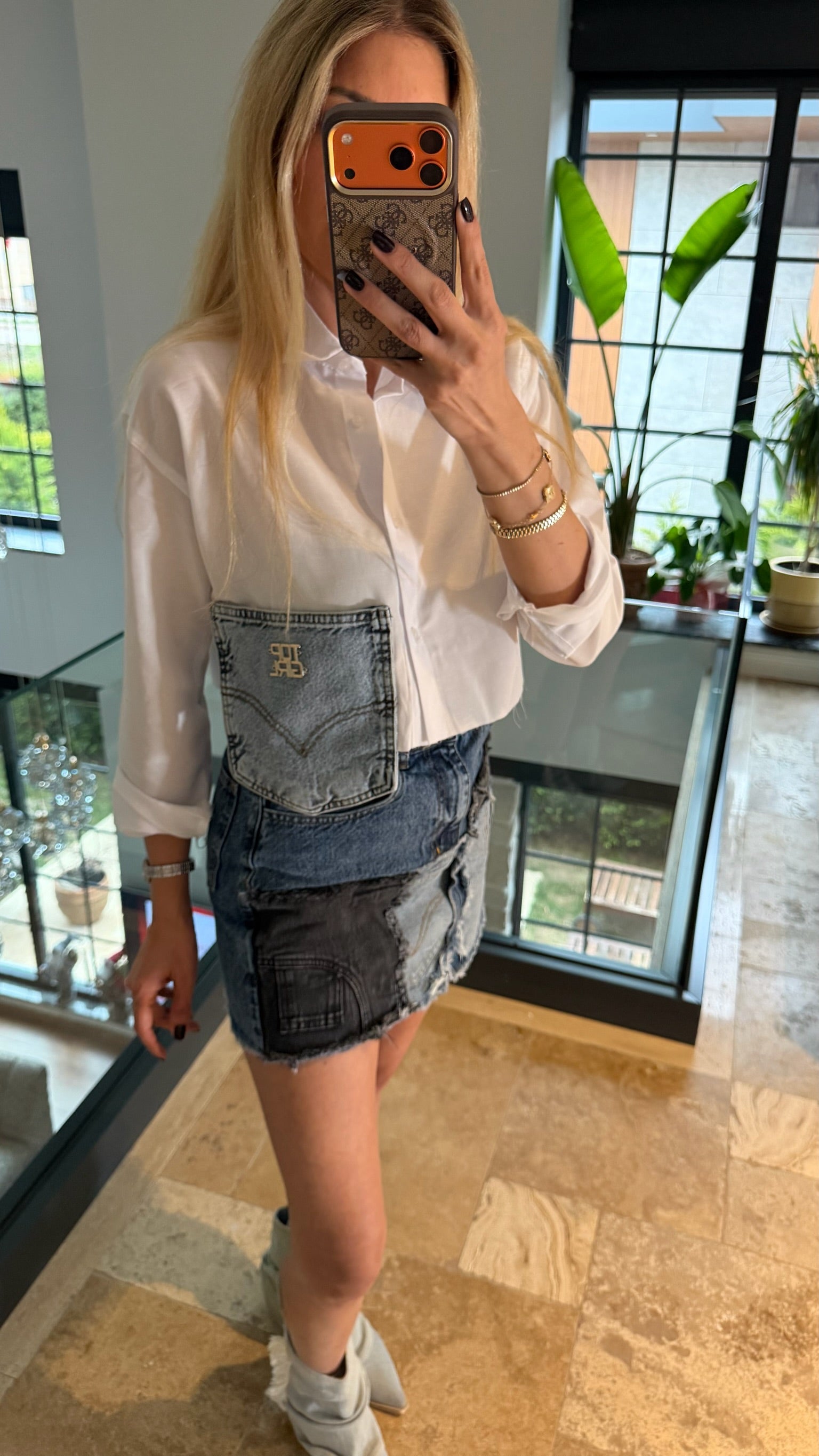 Kot Cep Detaylı Crop Gömlek Beyaz