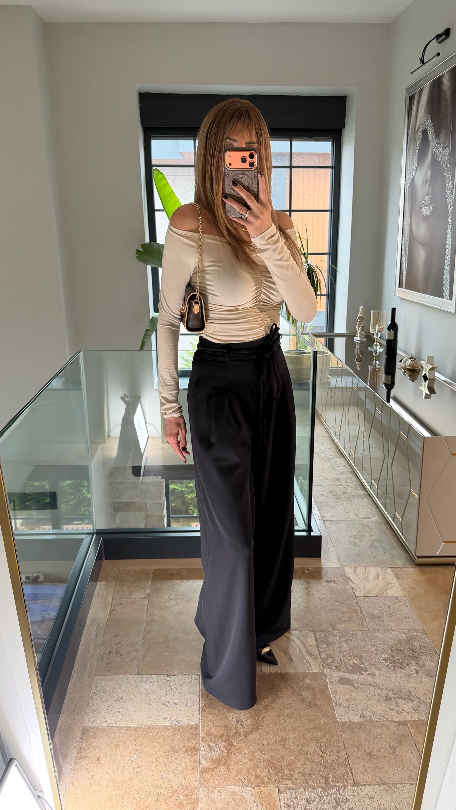 Çift Bağcıklı Kemerli Palazzo Pantolon Siyah