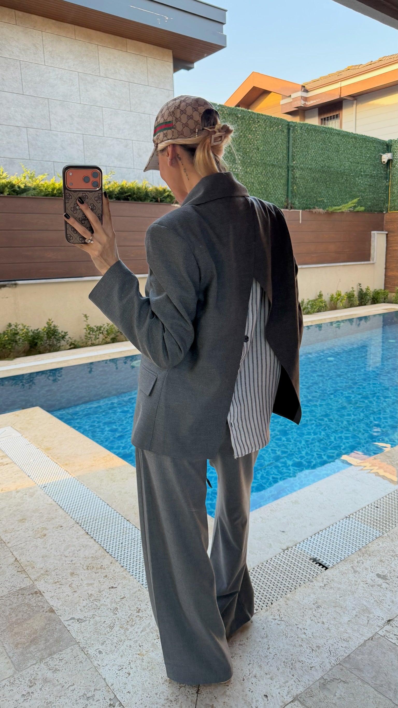 Gömlek Detaylı Açık Arkalı Blazer Ceket Pantolon Takım Antrasit