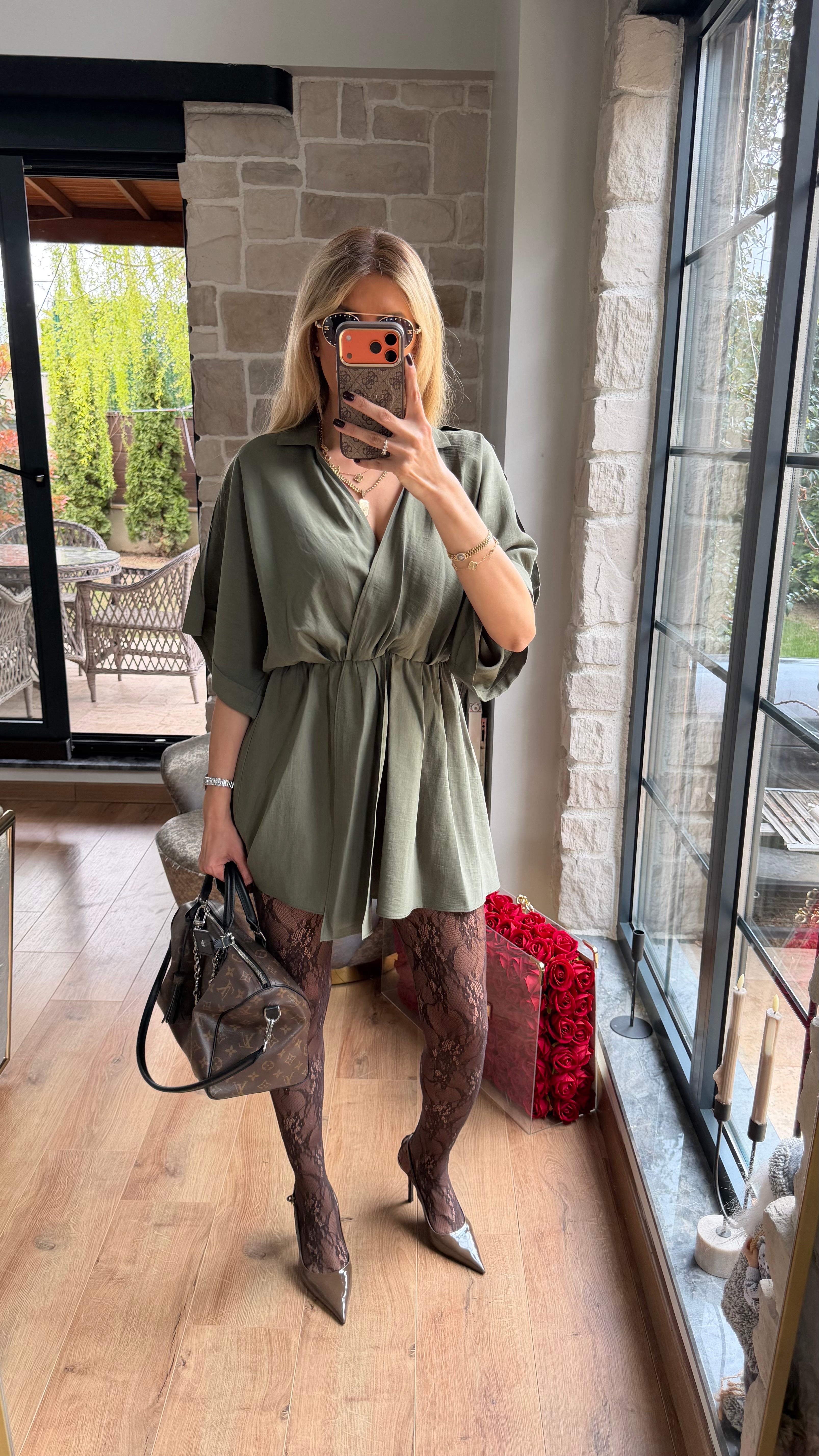 Modal V Yaka Belden Büzgülü Salaş Kesim Mini Elbise Haki